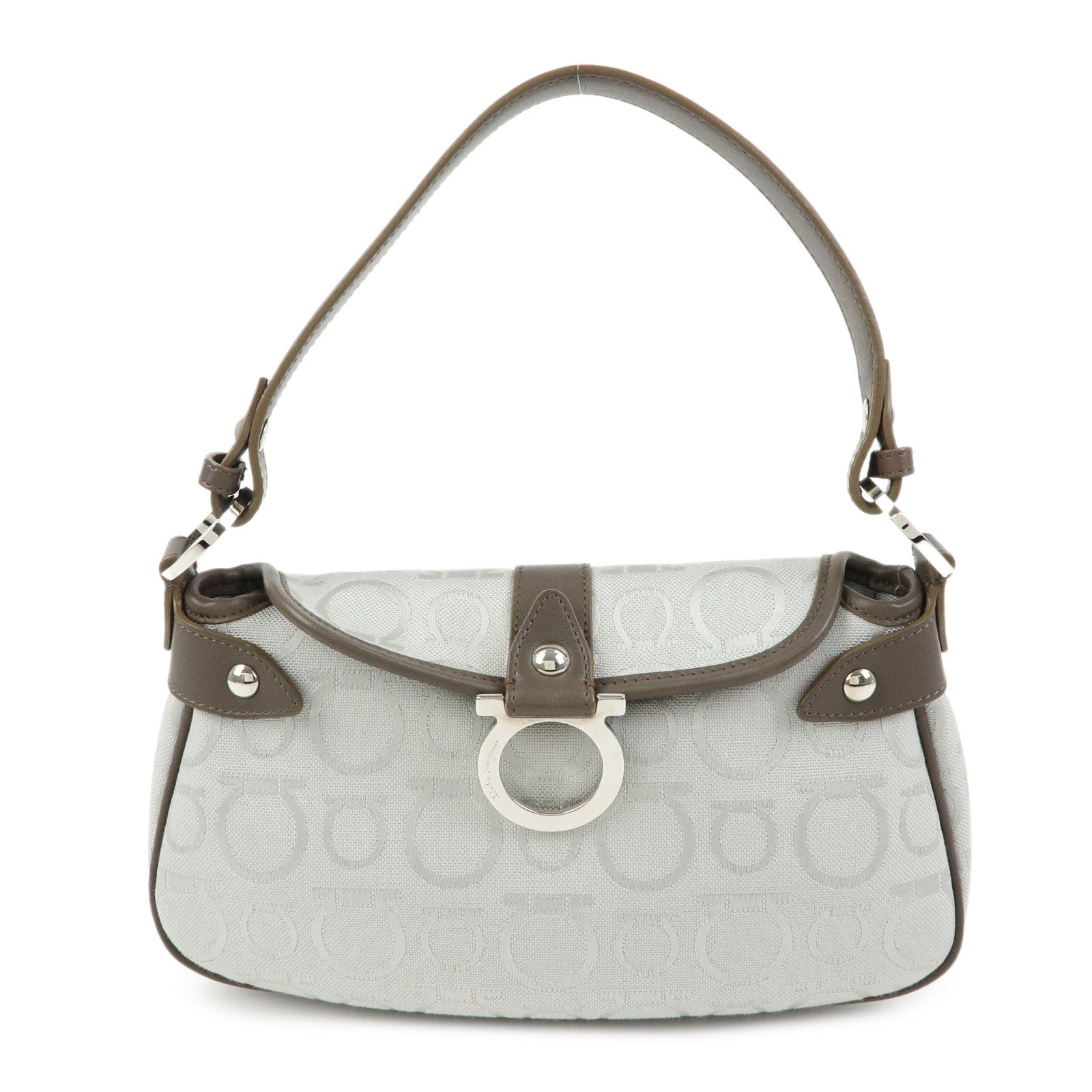 Ferragamo Gancini Canvas Leather Shoulder Bag Hand Bag Gray Brown