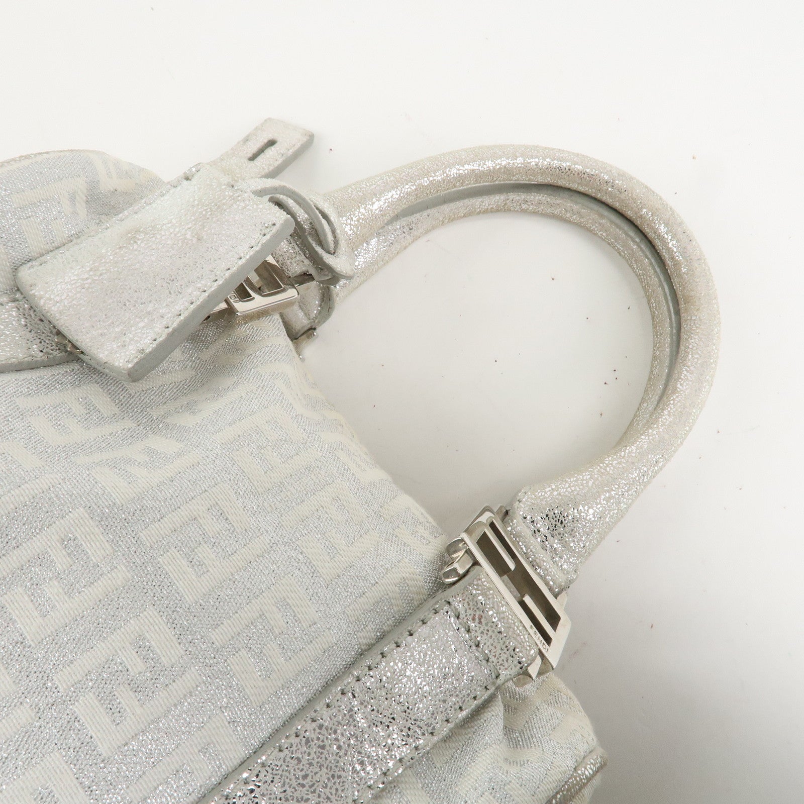 FENDI Zucchino Canvas Leather Mini Boston Bag Silver White 8BL071