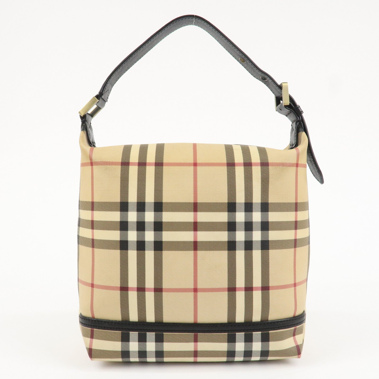 BURBERRY Nova Plaid Canvas Leather Shoulder Bag Hand Bag Beige Black Used