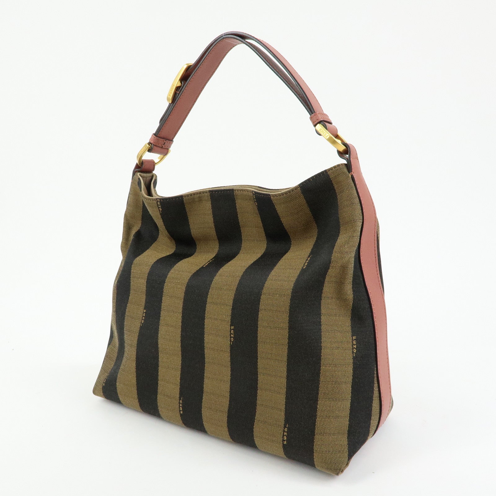 FENDI Pequin Canvas Leather Shoulder Bag Brown Pink 8BR669