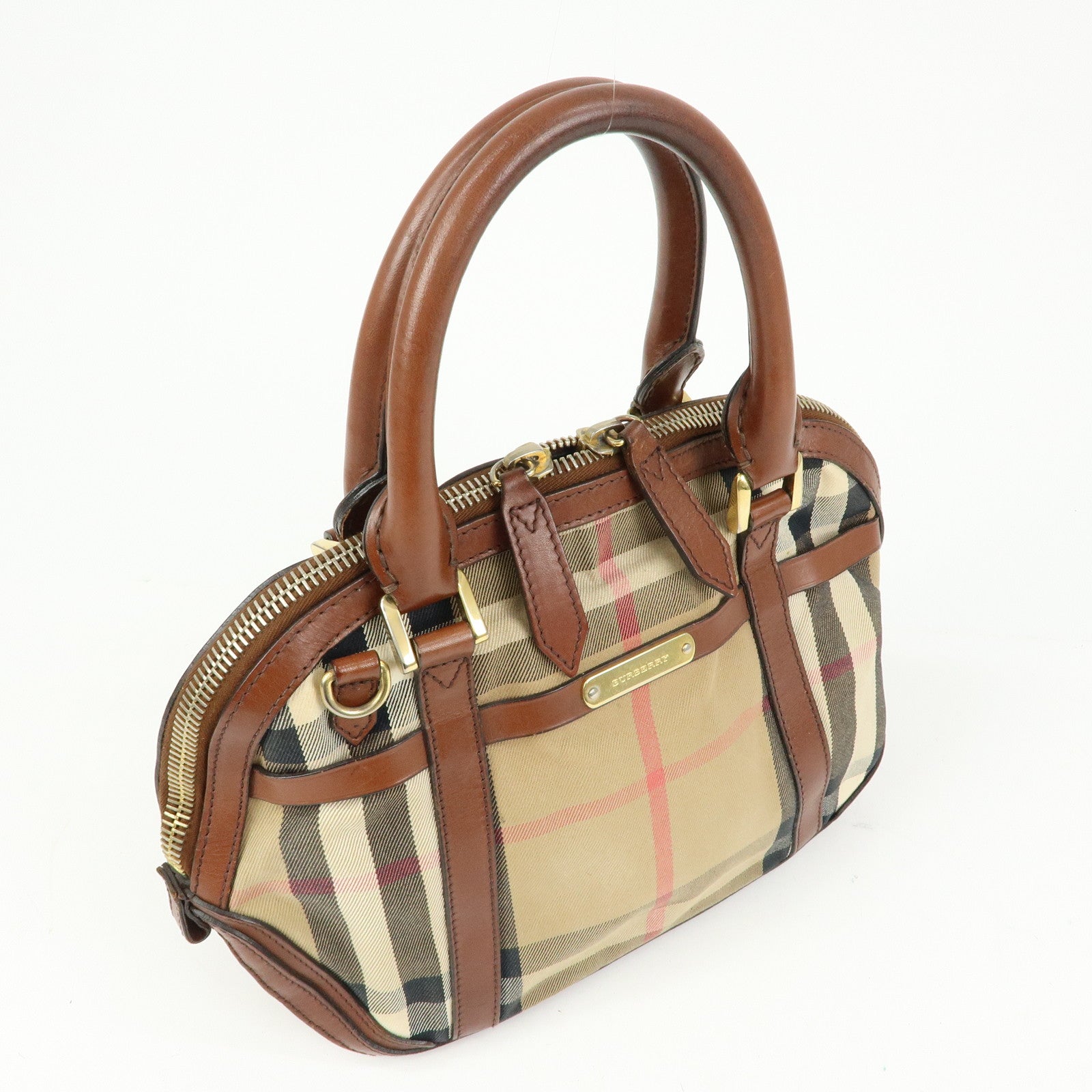 BURBERRY Nova Plaid Canvas Leather Hand Bag Beige Brown
