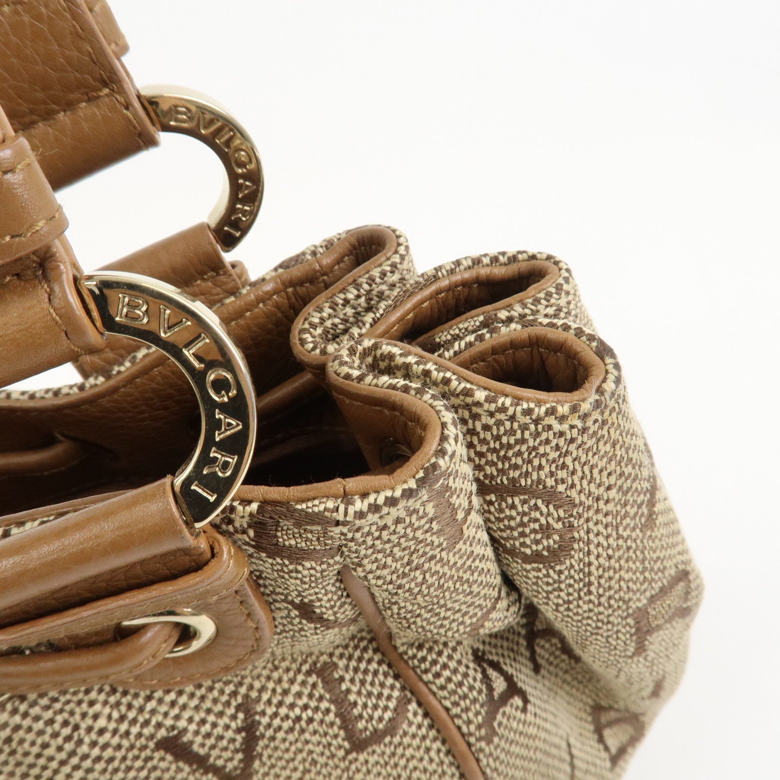 BVLGARI Logo Mania Jacquard Leather Hand Bag Tote Bag Beige