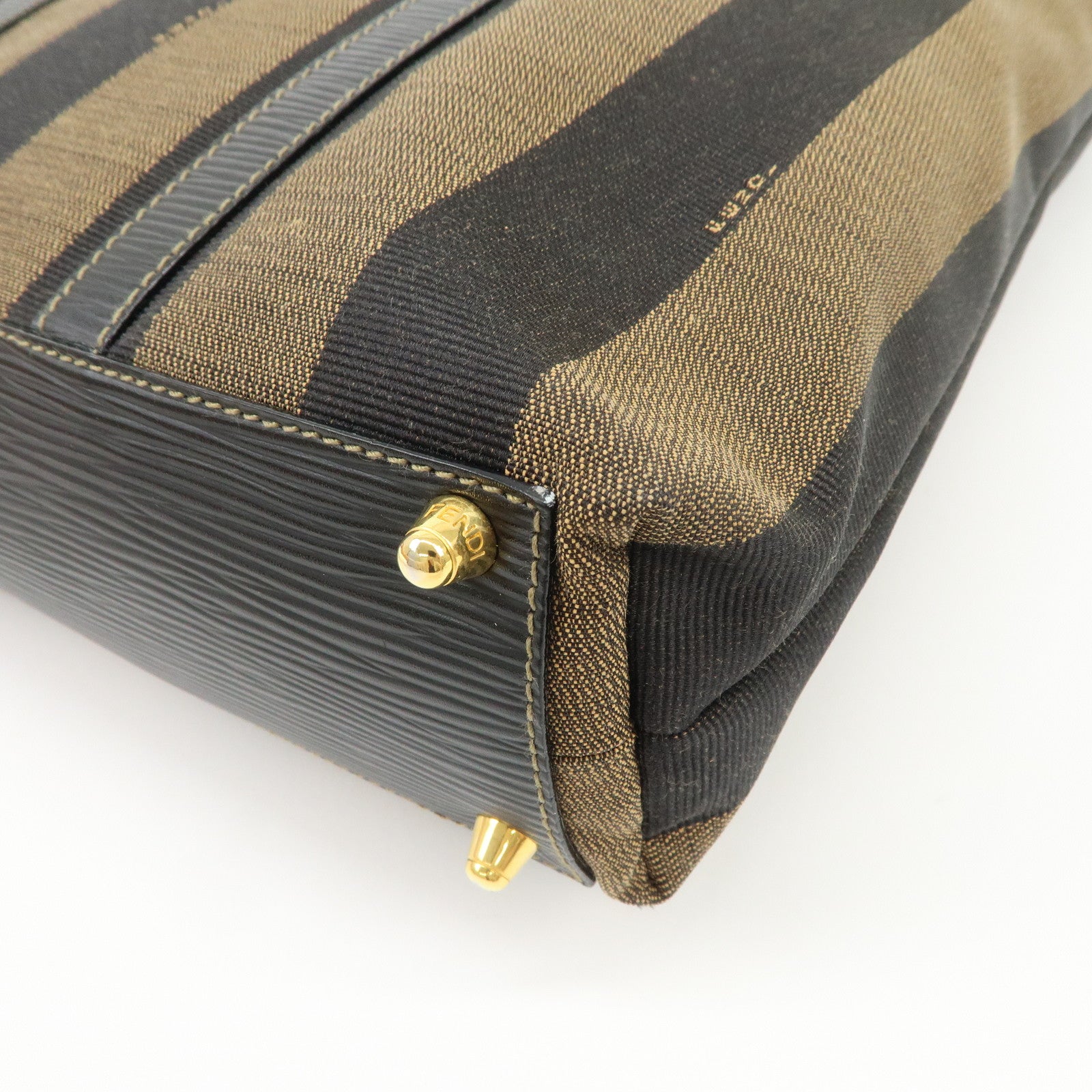 FENDI Pequin Canvas Leather Hand Bag Tote Bag Black Brown