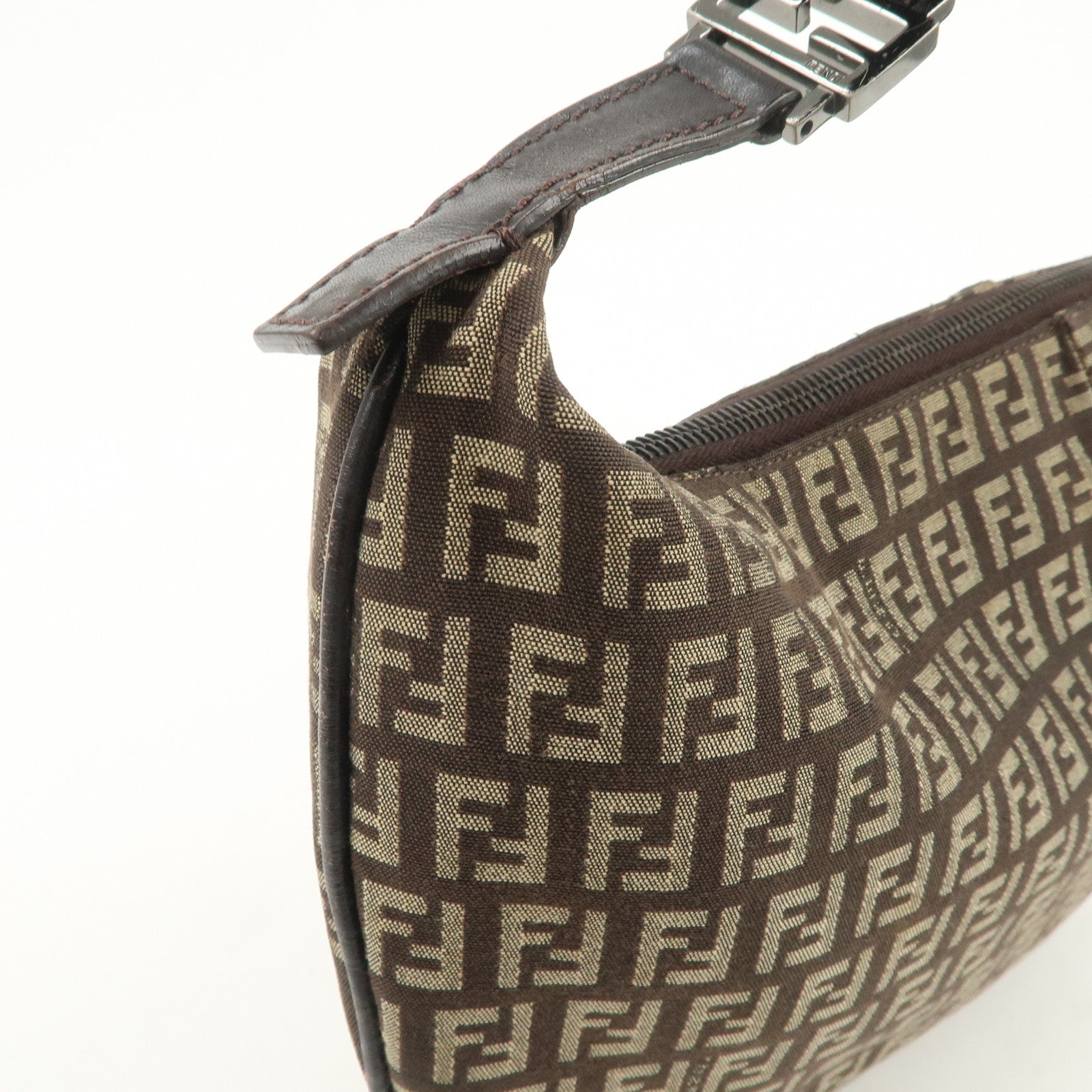 FENDI Zucchino Canvas Leather Hand Bag Shoulder Bag Brown 8BR441