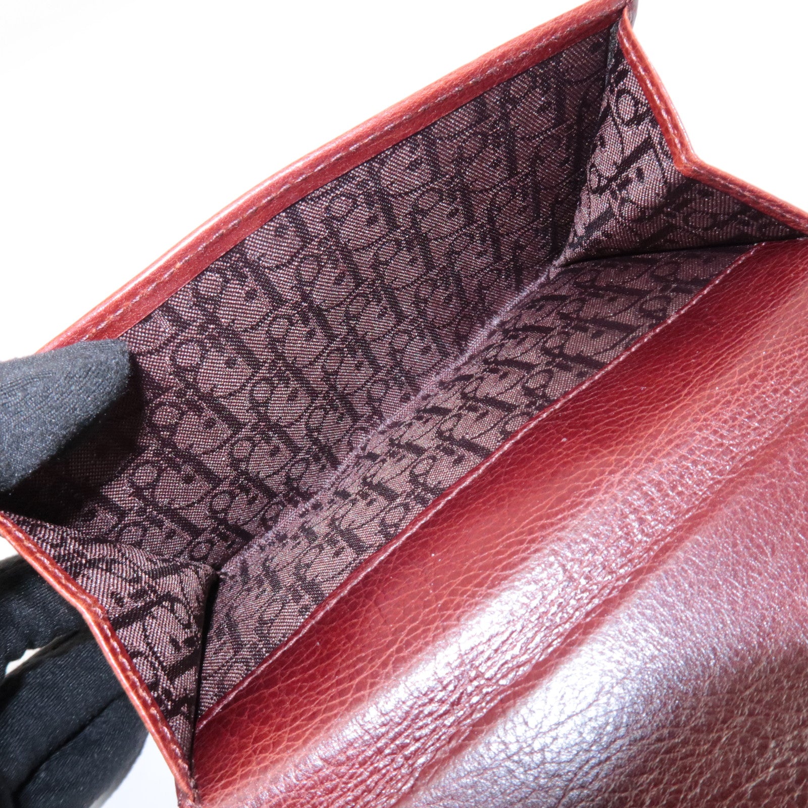 Christian Dior Leather Flower Embroidery Motif Compact Wallet Brown