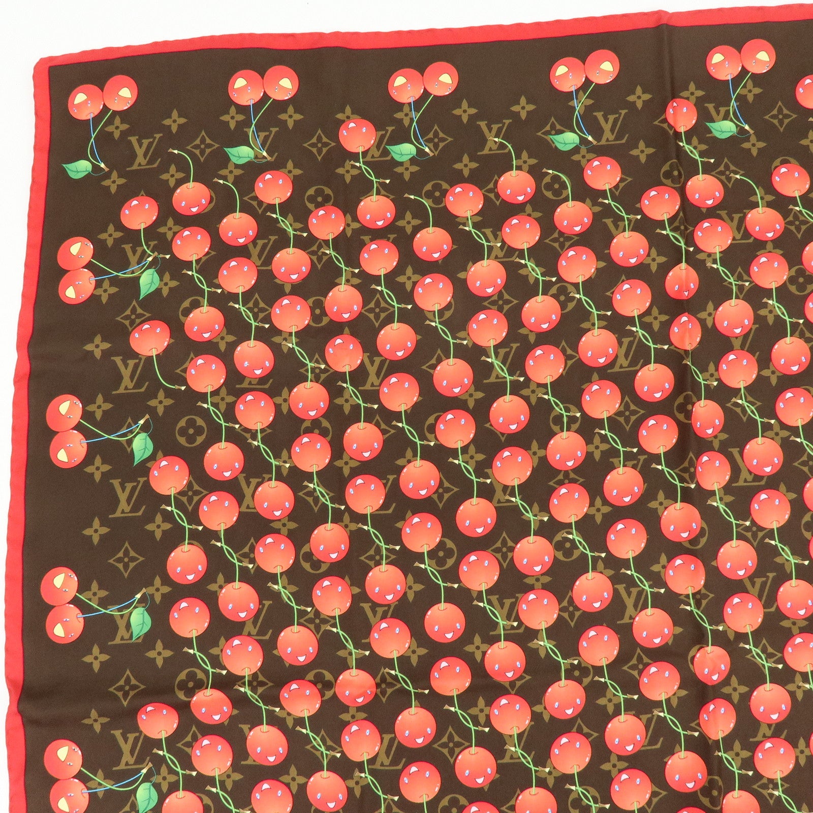 Louis Vuitton Monogram Cherry Silk 100% Scarf Brown Red M71962