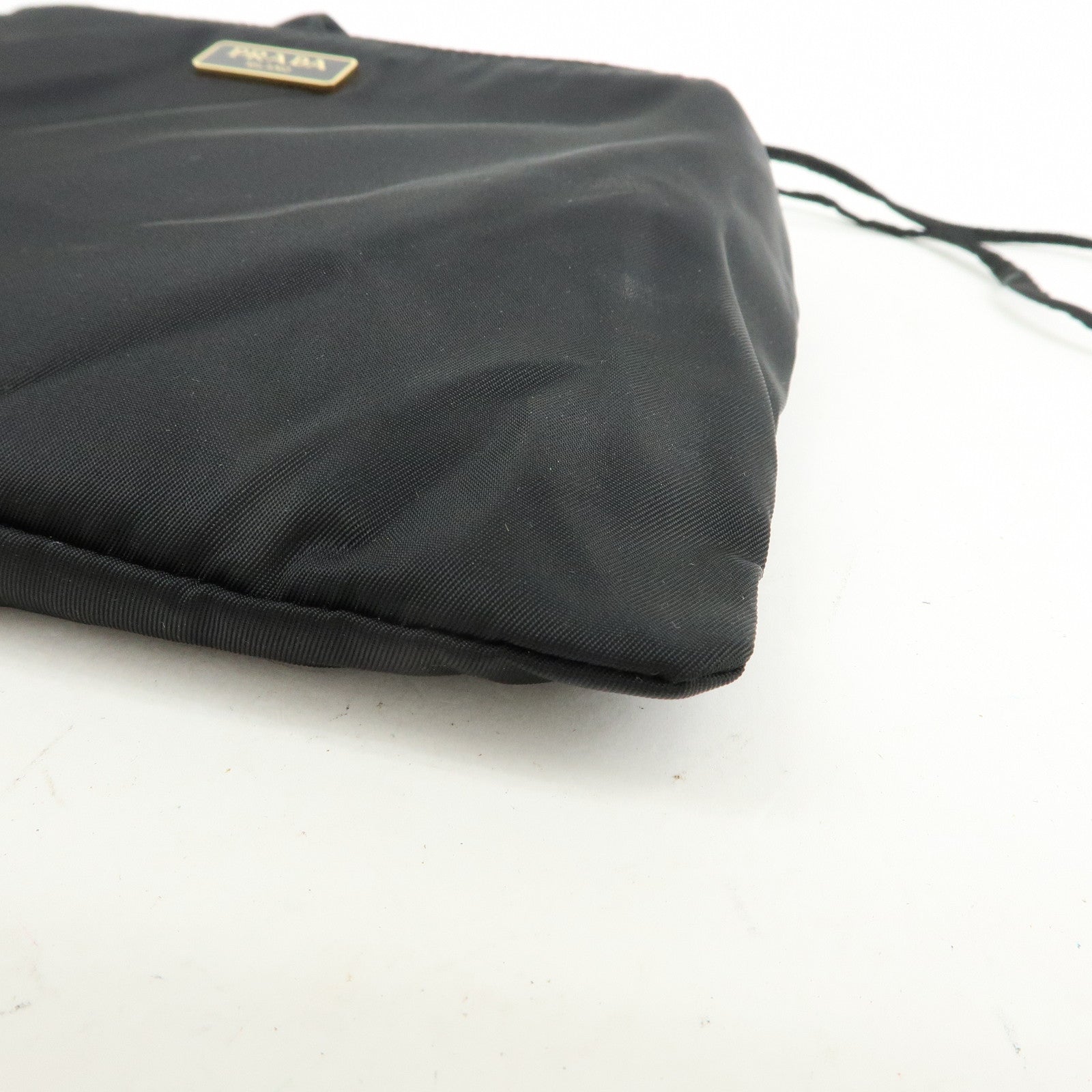 PRADA Triangle Logo Nylon Saffiano Leather Drawstring Pouch Black