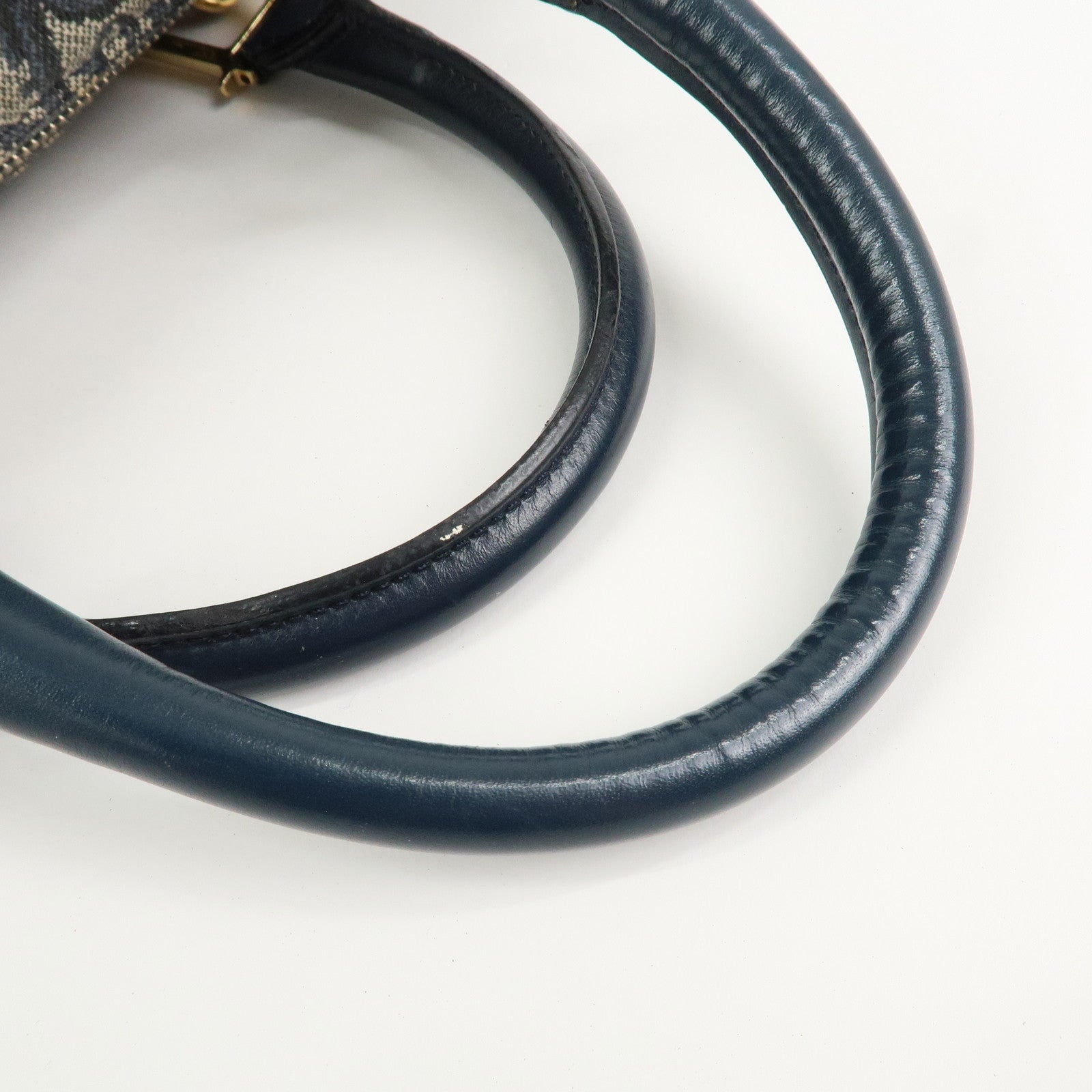 Christian Dior Oblique Canvas Leather Boston Bag Hand Bag Navy