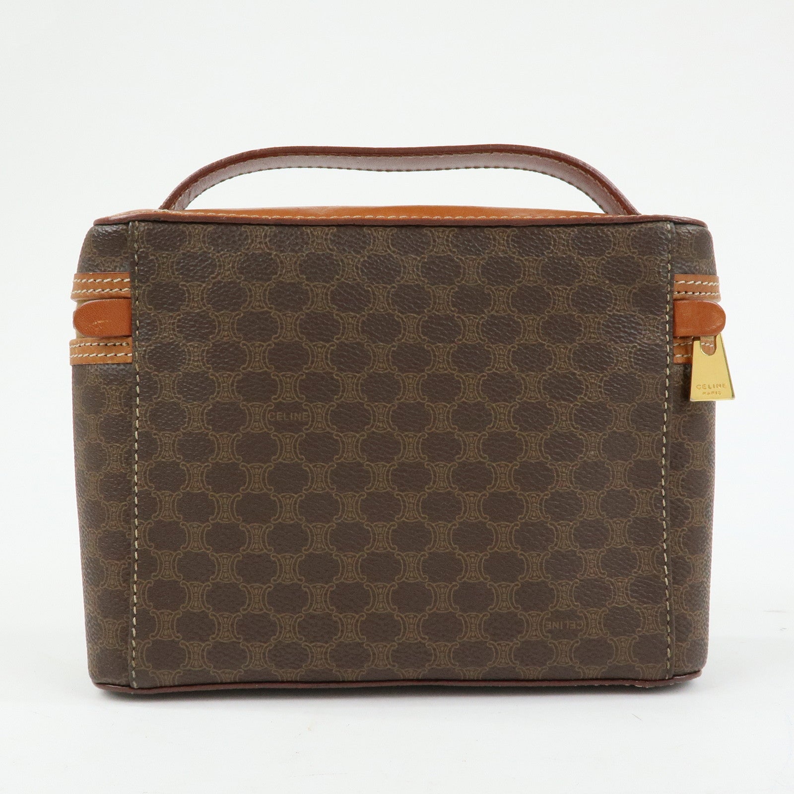 CELINE Macadam PVC Leather Vanity Hand Bag Makeup Bag Brown