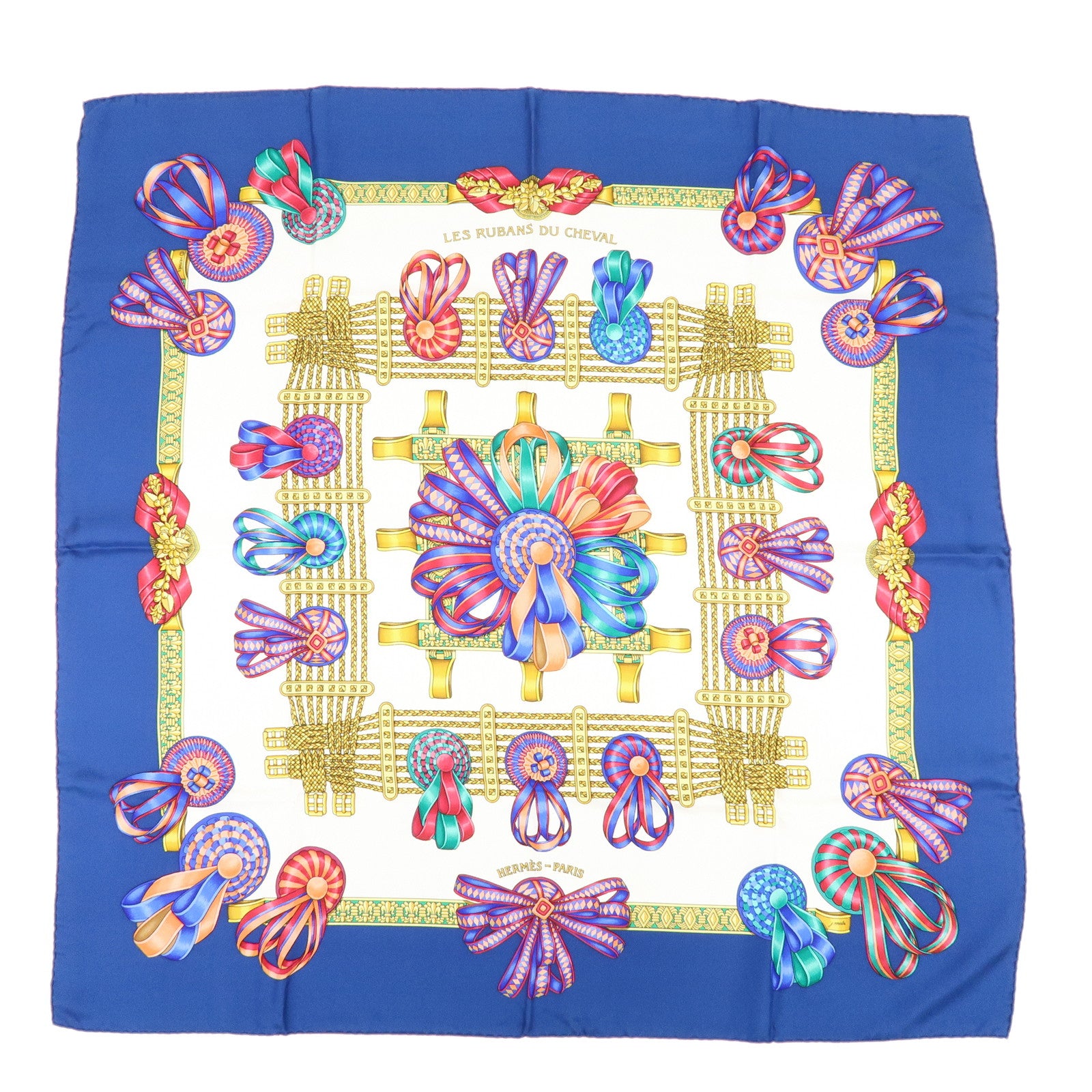 HERMES Carre 90 Silk 100% Scarf LES RUBANS DU CHEVAL Navy Gold