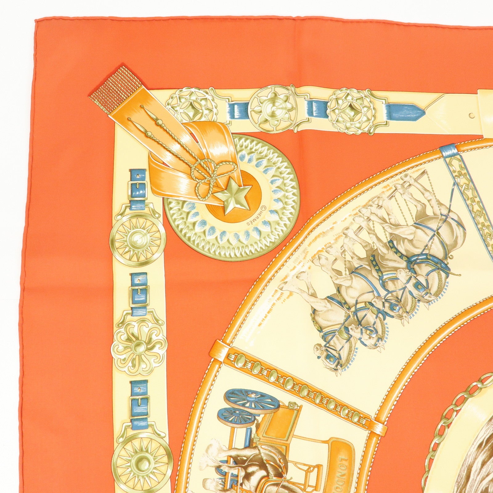 HERMES Carre 90 Silk 100% CHEVAUX DE TRAIT Scarf Orange Beige