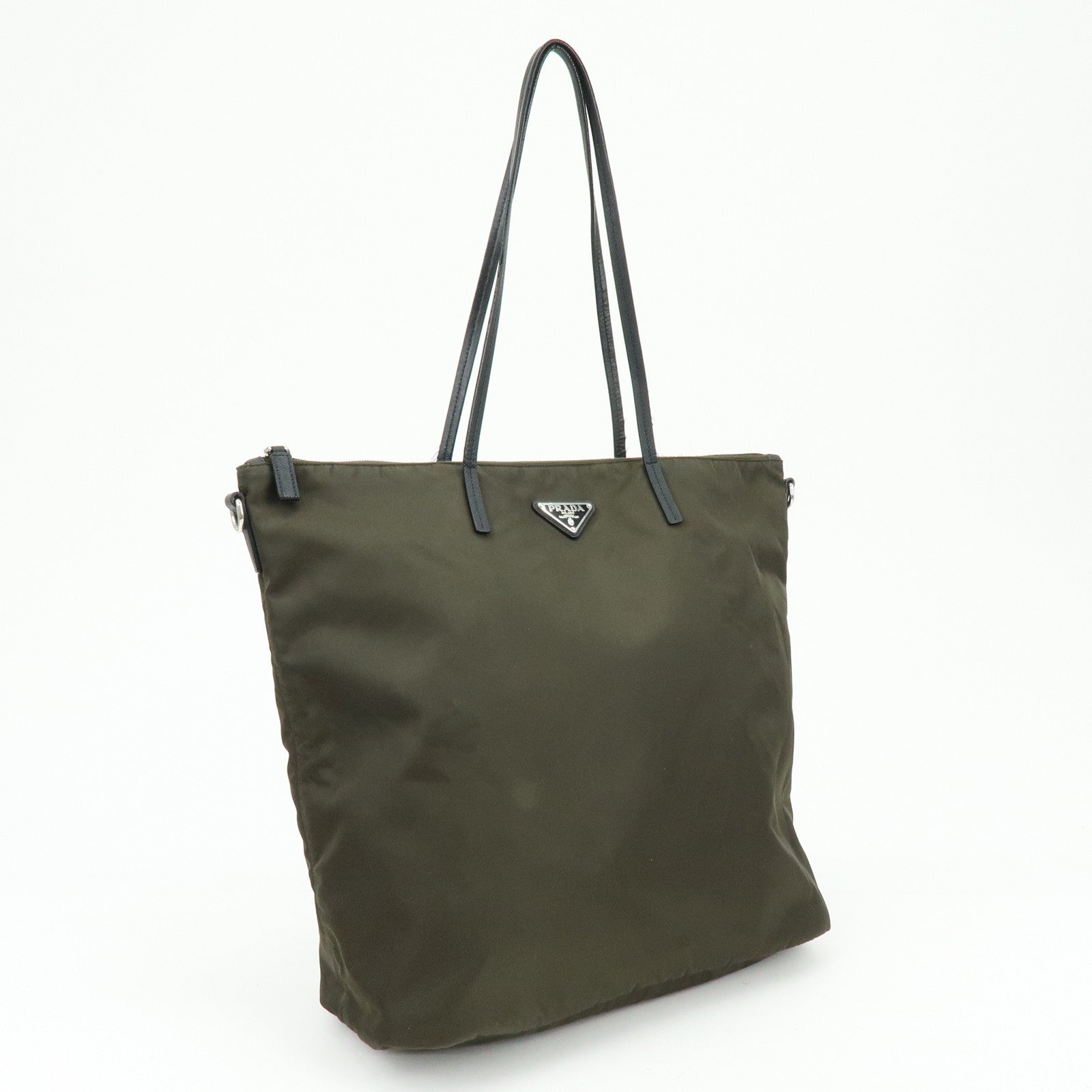 PRADA Triangle Logo Nylon Tote Bag Shoulder Bag Khaki Black 1BG052