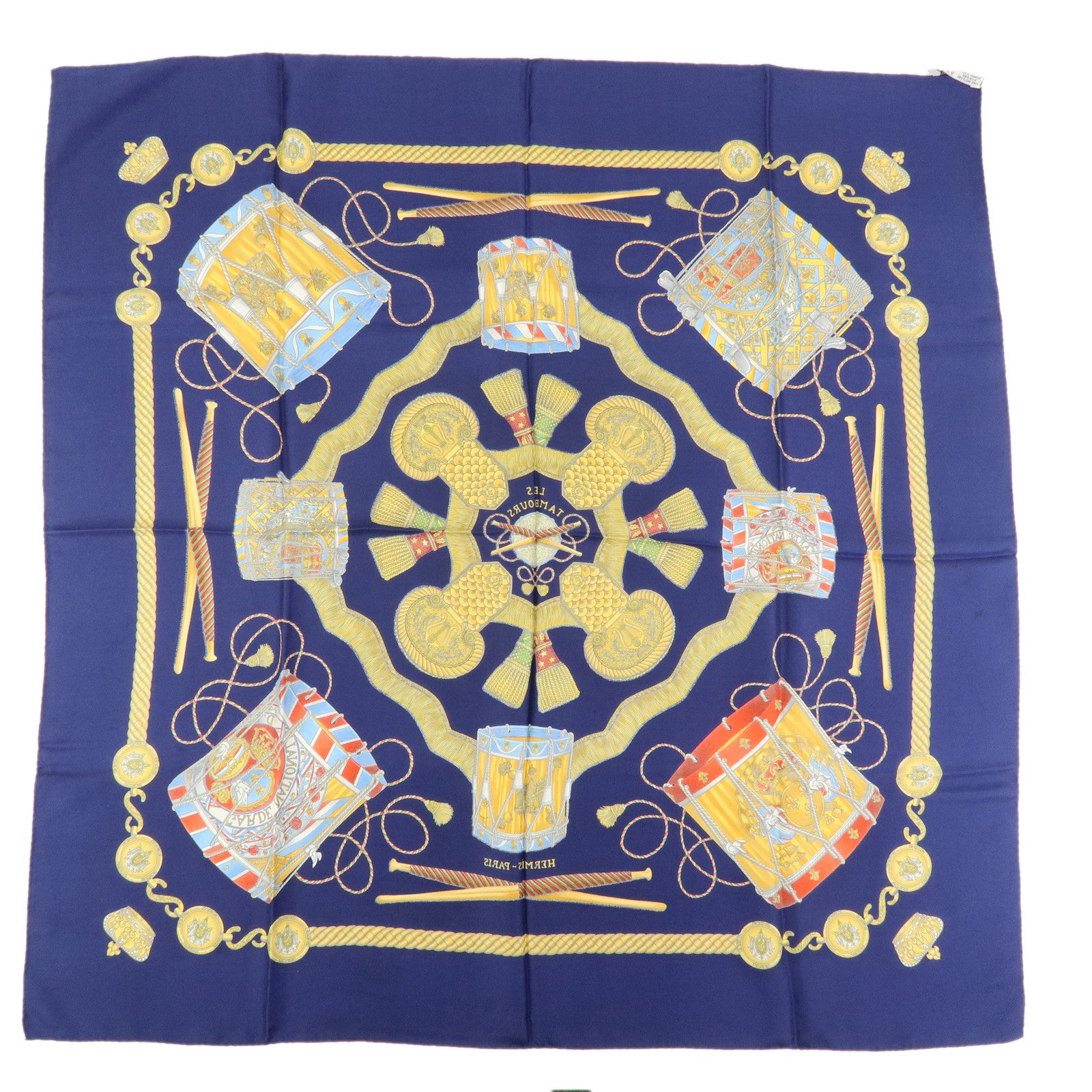 HERMES Carre 90 Silk 100% Scarf LES TAMBOURS Navy Yellow