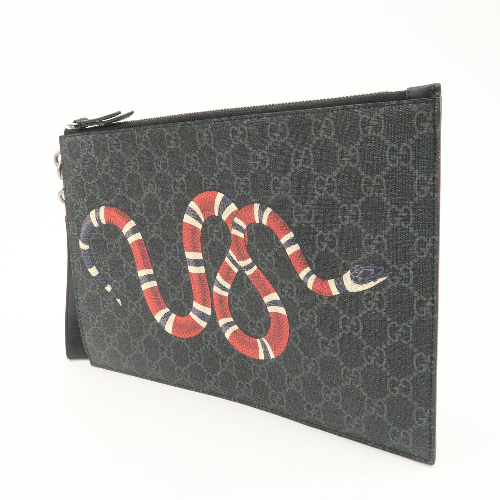 GUCCI Leather GG Supreme King Snake Clutch Bag Black Gray 473904 Used