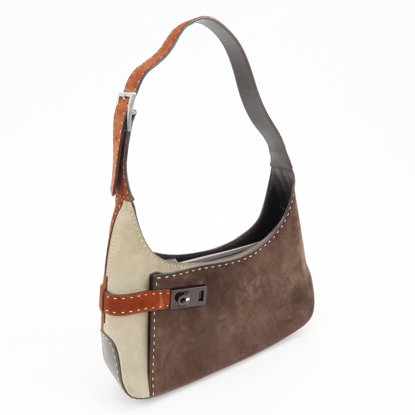 Ferragamo Gancini Suede Leather Shoulder Bag Hand Bag Brown Beige