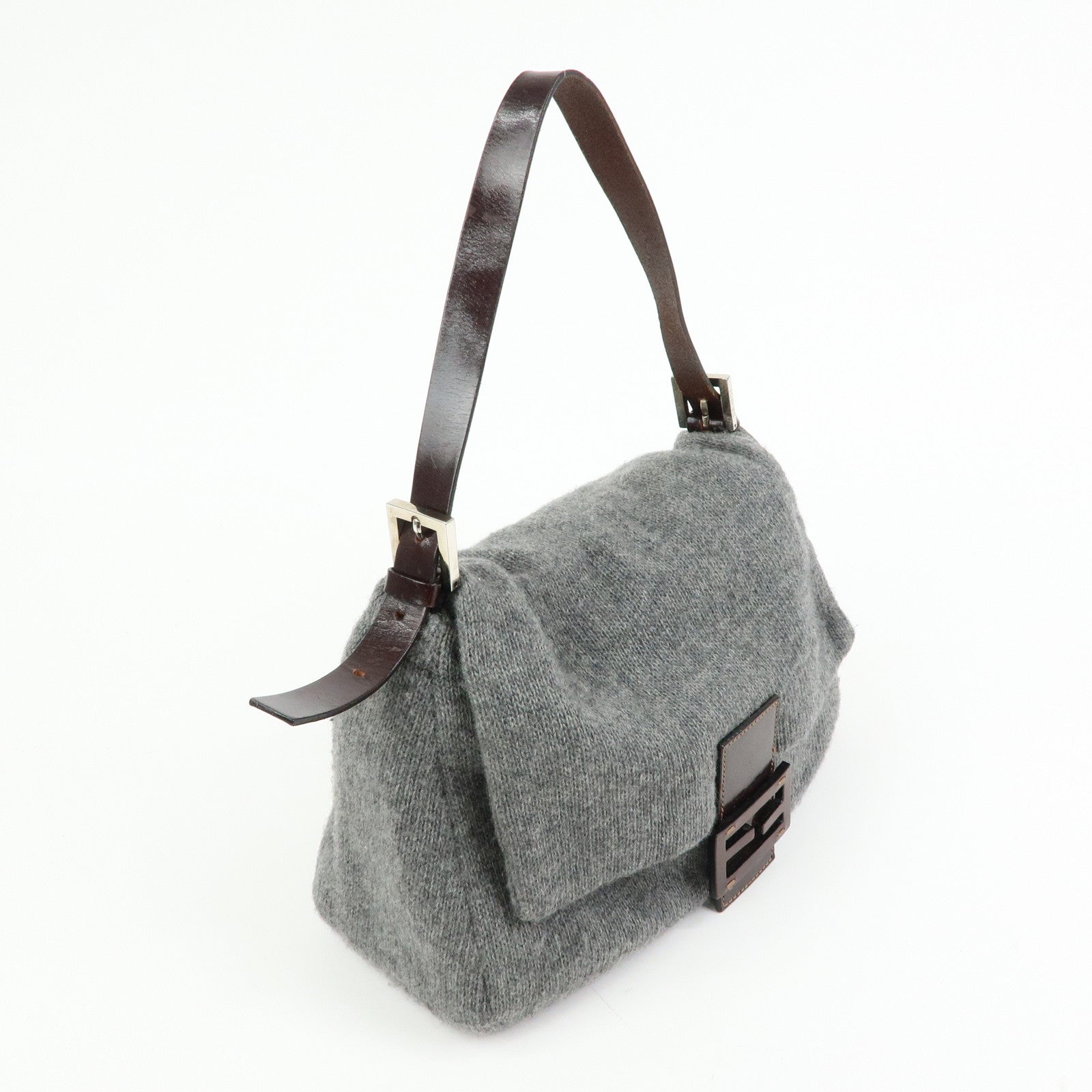 FENDI Mamma Baguette Wool Leather Shoulder Bag Grey Brown 26325