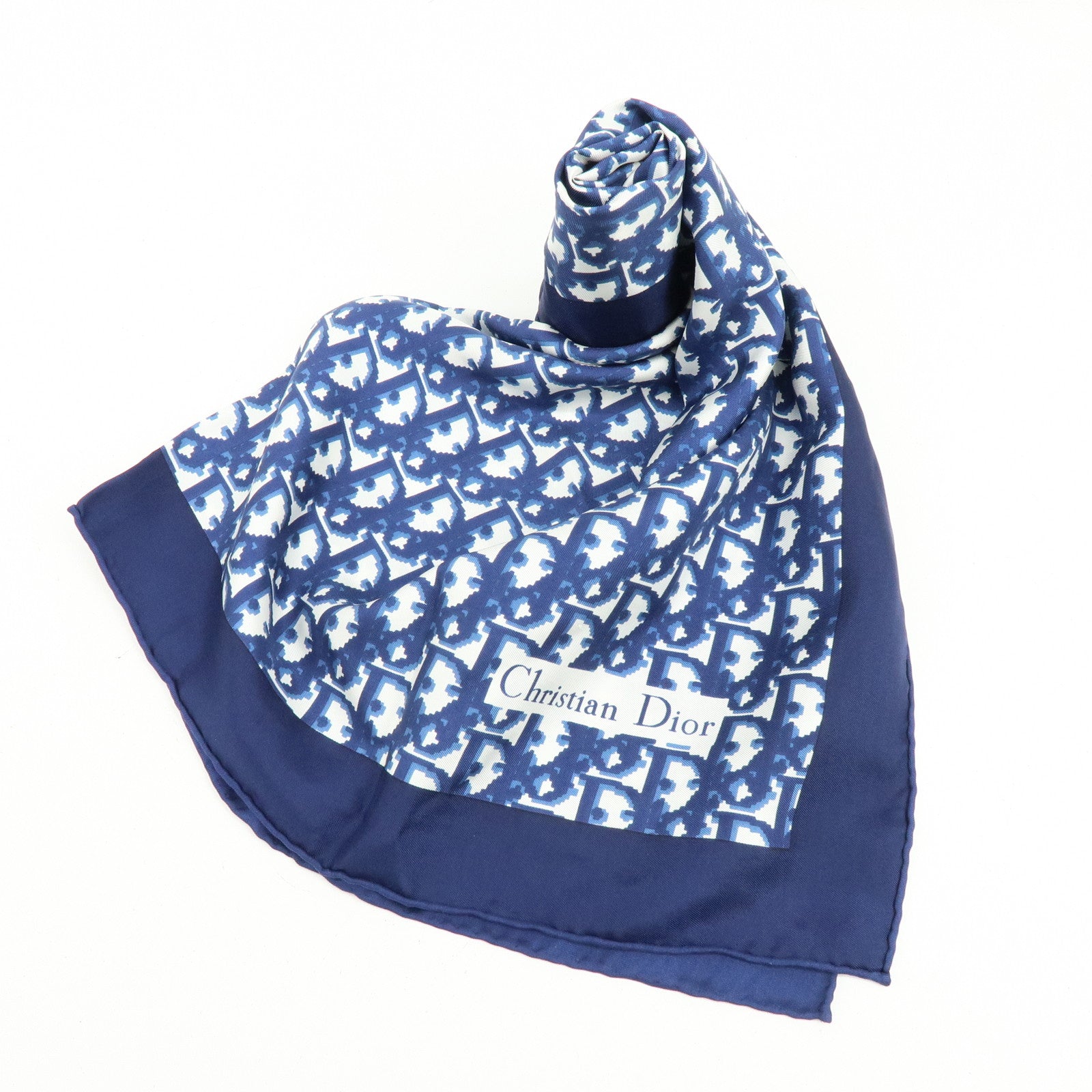 Christian Dior Logo Silk 100% Scarf Navy White