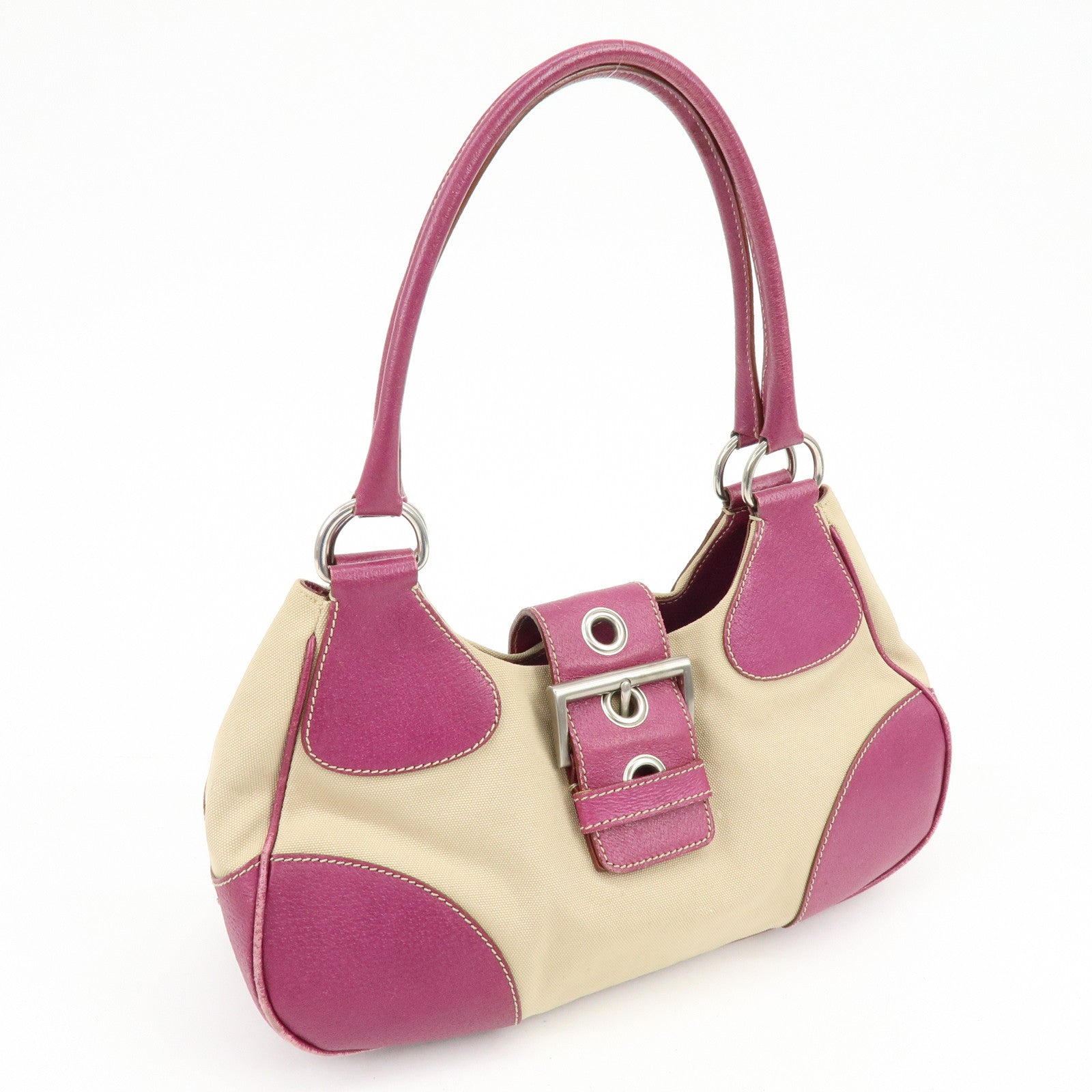 PRADA Triangle Logo Canvas Leather Hand Bag Beige Purple BR0811