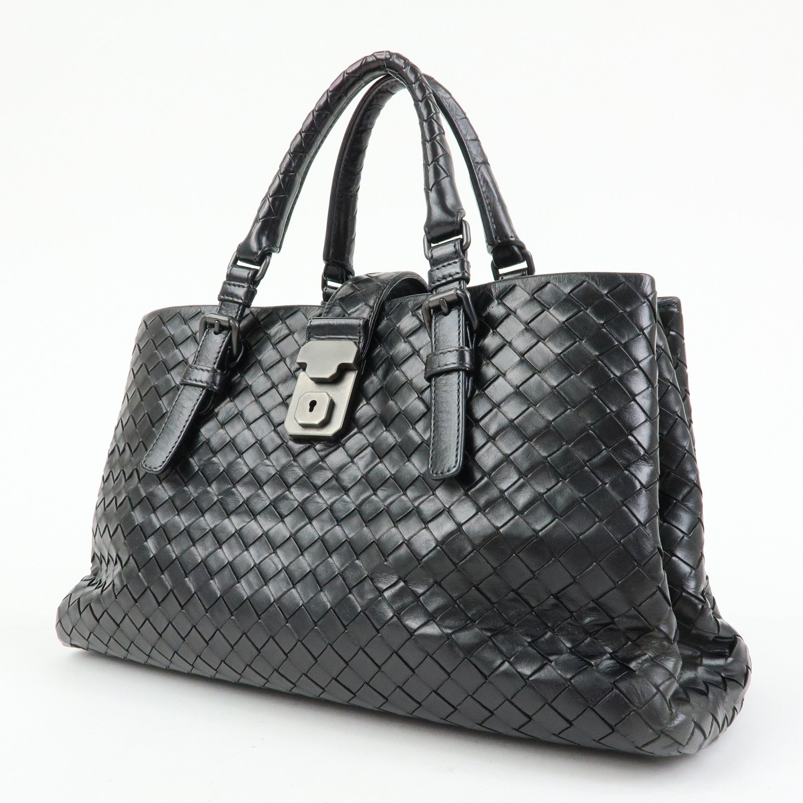 BOTTEGA VENETA Intrecciato Leather Hand Bag Roma Bag Black
