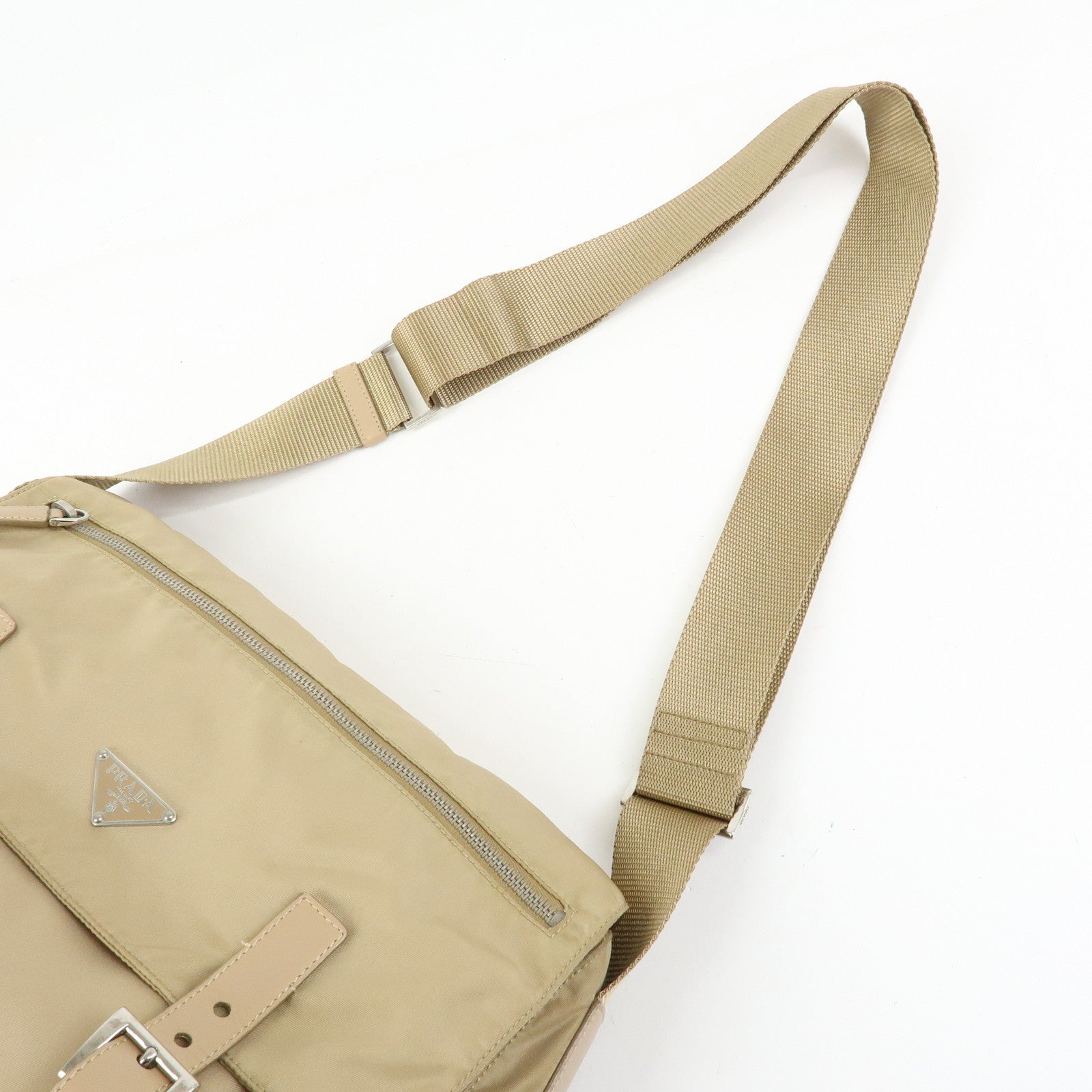 PRADA Triangle Logo Nylon Shoulder Bag Crossbody Bag Beige 1BD953