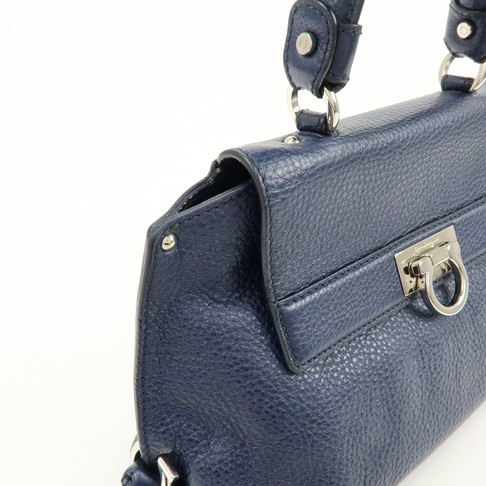 Ferragamo Gancini Leather Hand Bag Navy