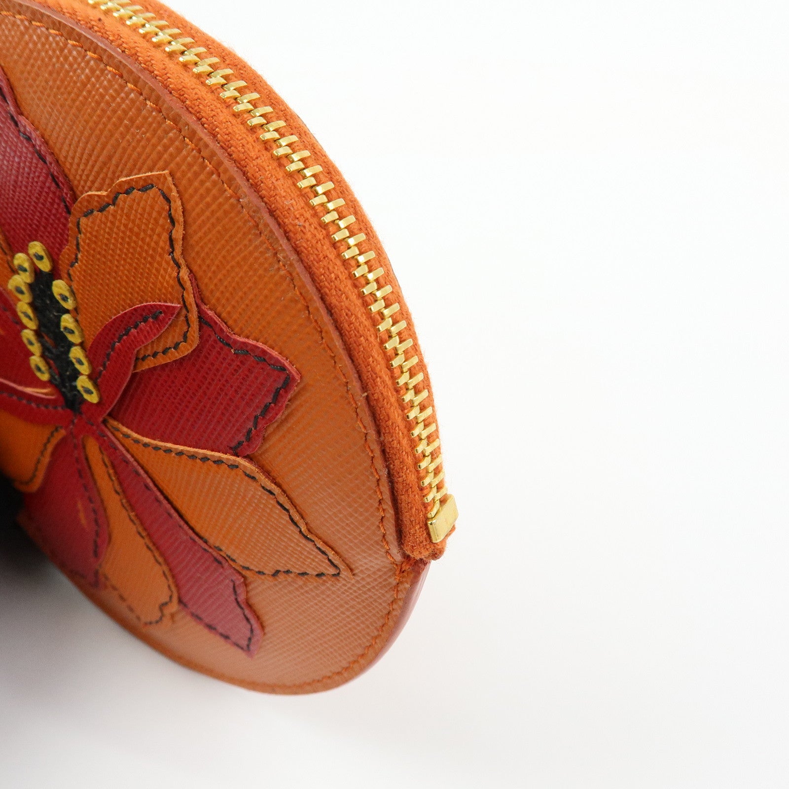 PRADA Saffiano Leather Flower Motif Round Coin Case Orange 1M1400