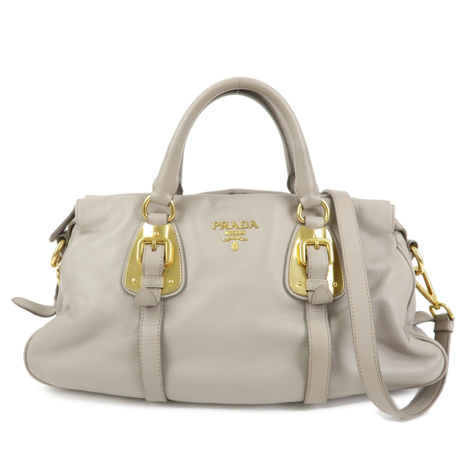PRADA Logo Leather 2Way Bag Hand Bag Shoulder Bag Greige