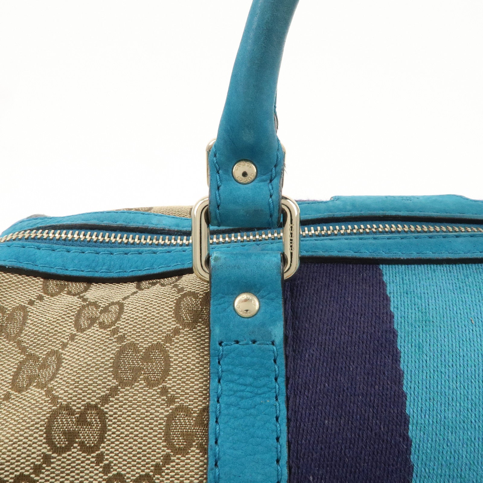 GUCCI Sherry GG Canvas Leather Boston Bag Beige Blue 247205