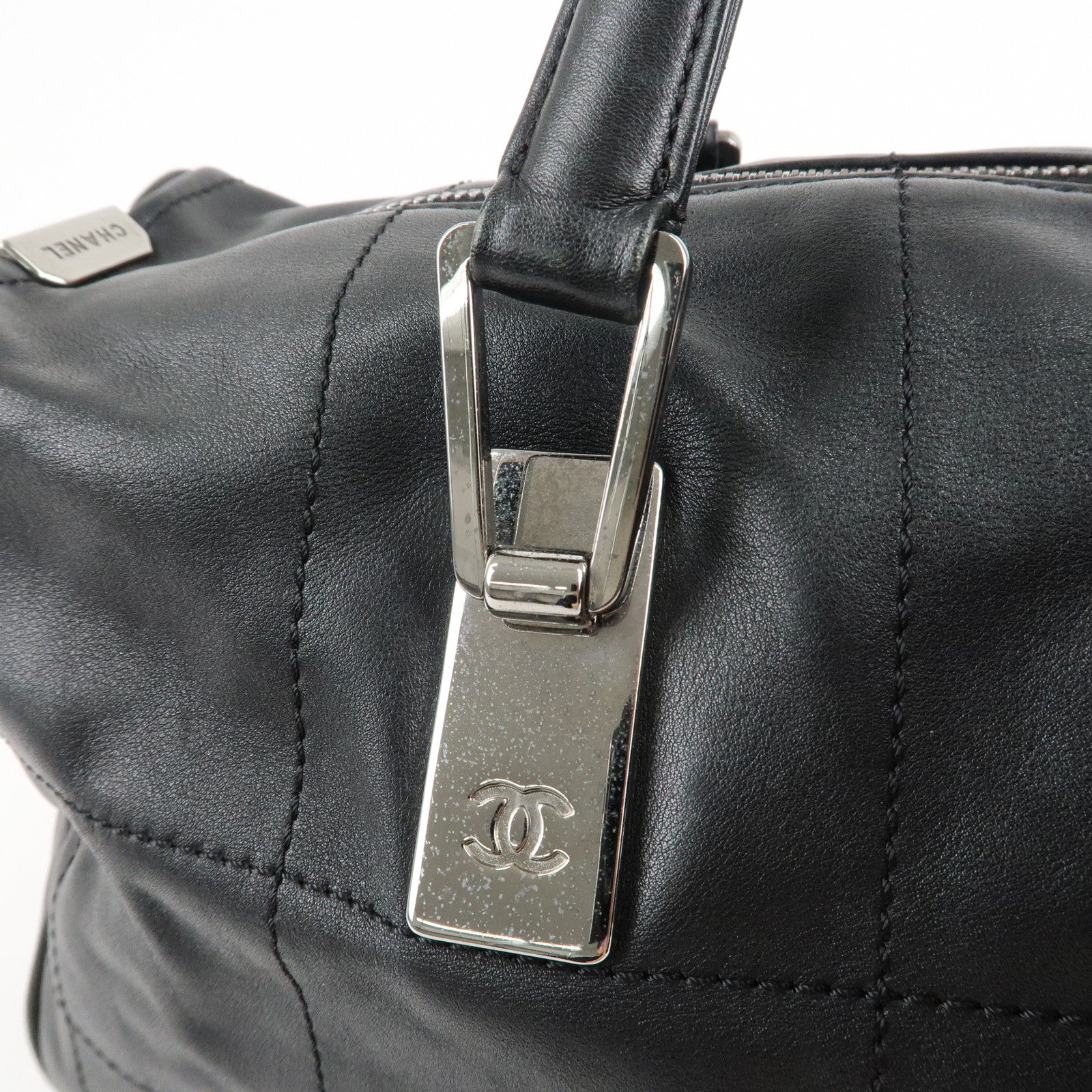 CHANEL Chocolate Bar Lamb Skin Mini Boston Bag Hand Bag Black