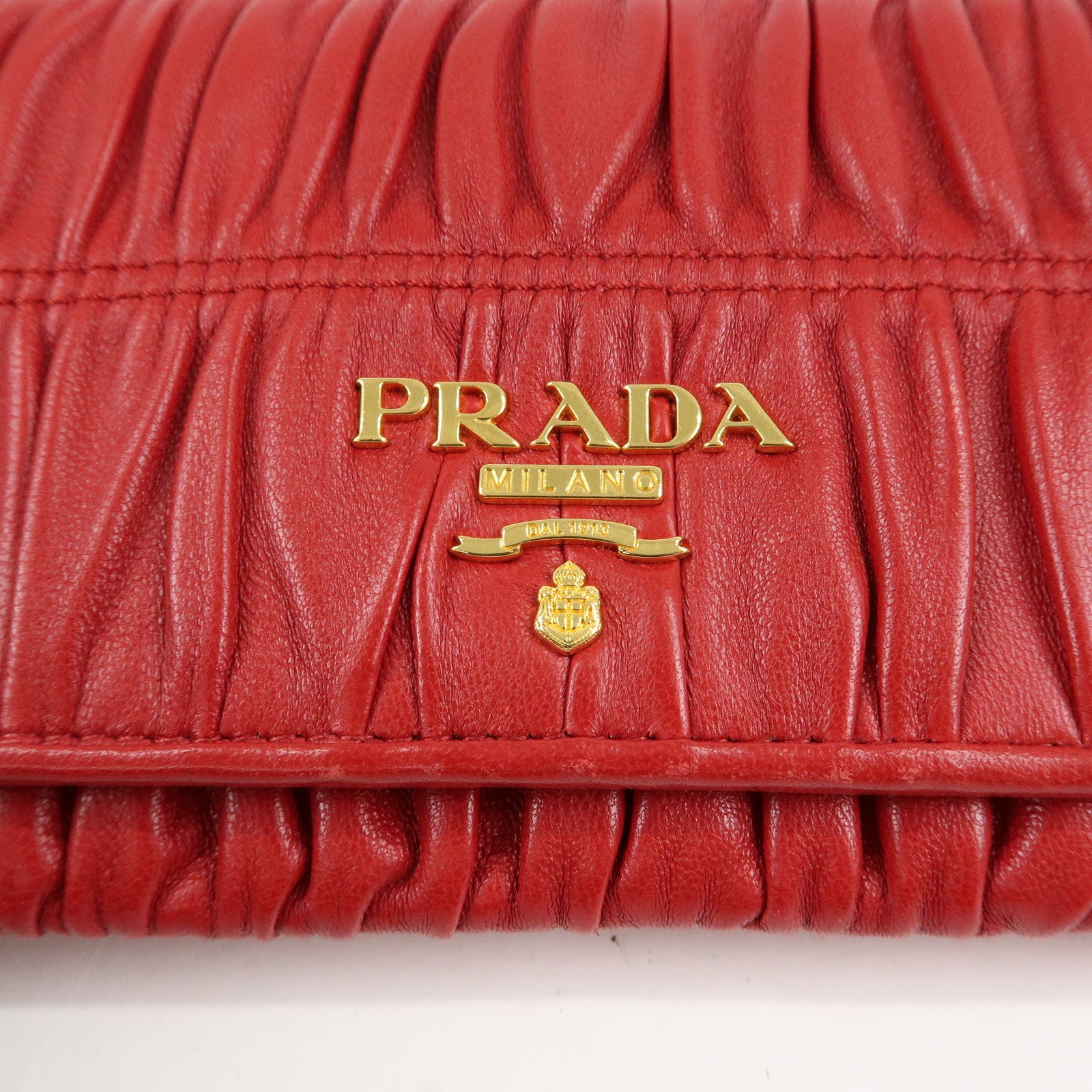 PRADA Logo Leather Bi-Fold Long Wallet Red Gold Hardware