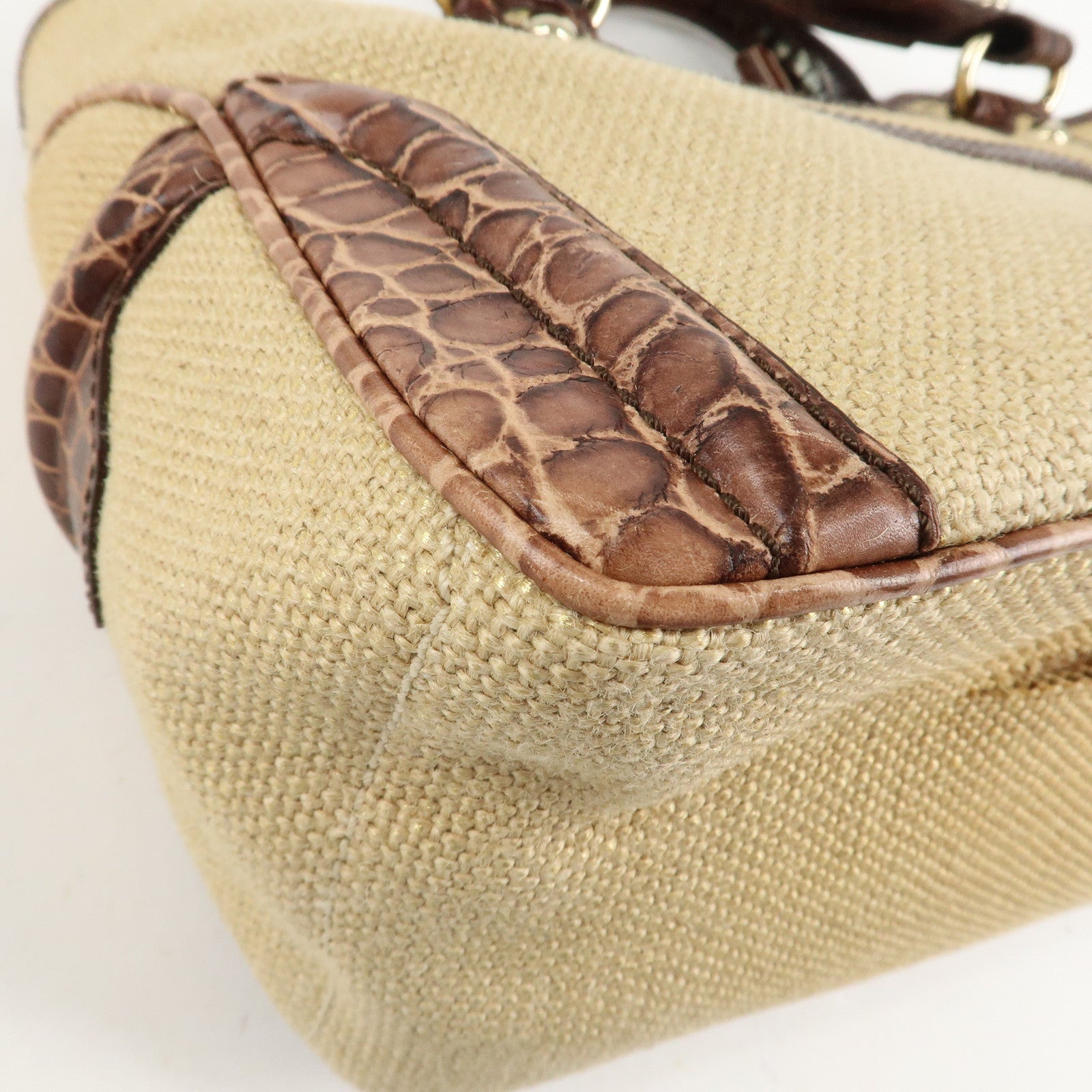 CELINE Straw Leather Boogie Bag Hand Bag Beige Brown Gold HDW Used