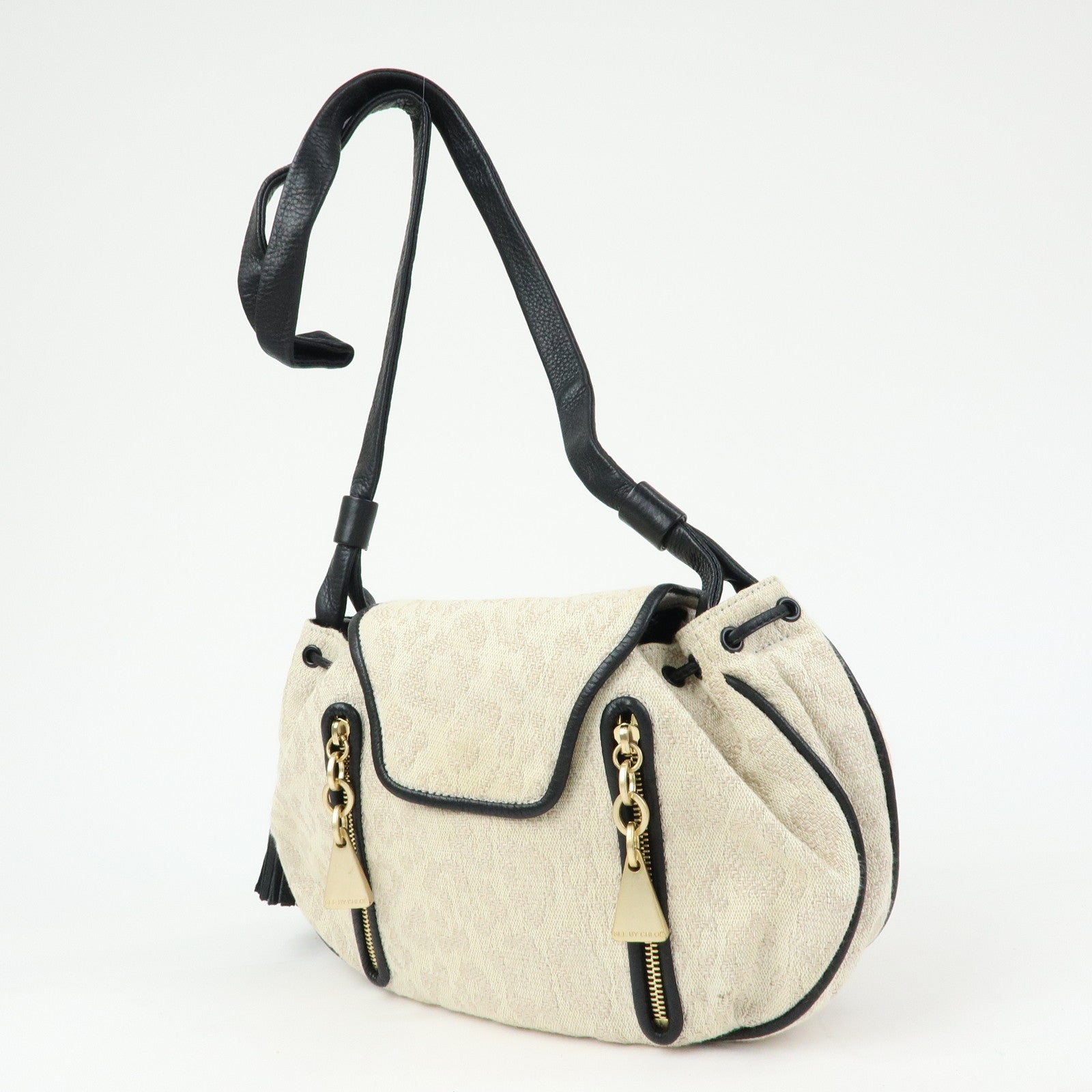 Chloe See By Chloe Canvas Leather Shoulder Bag Ivory Black