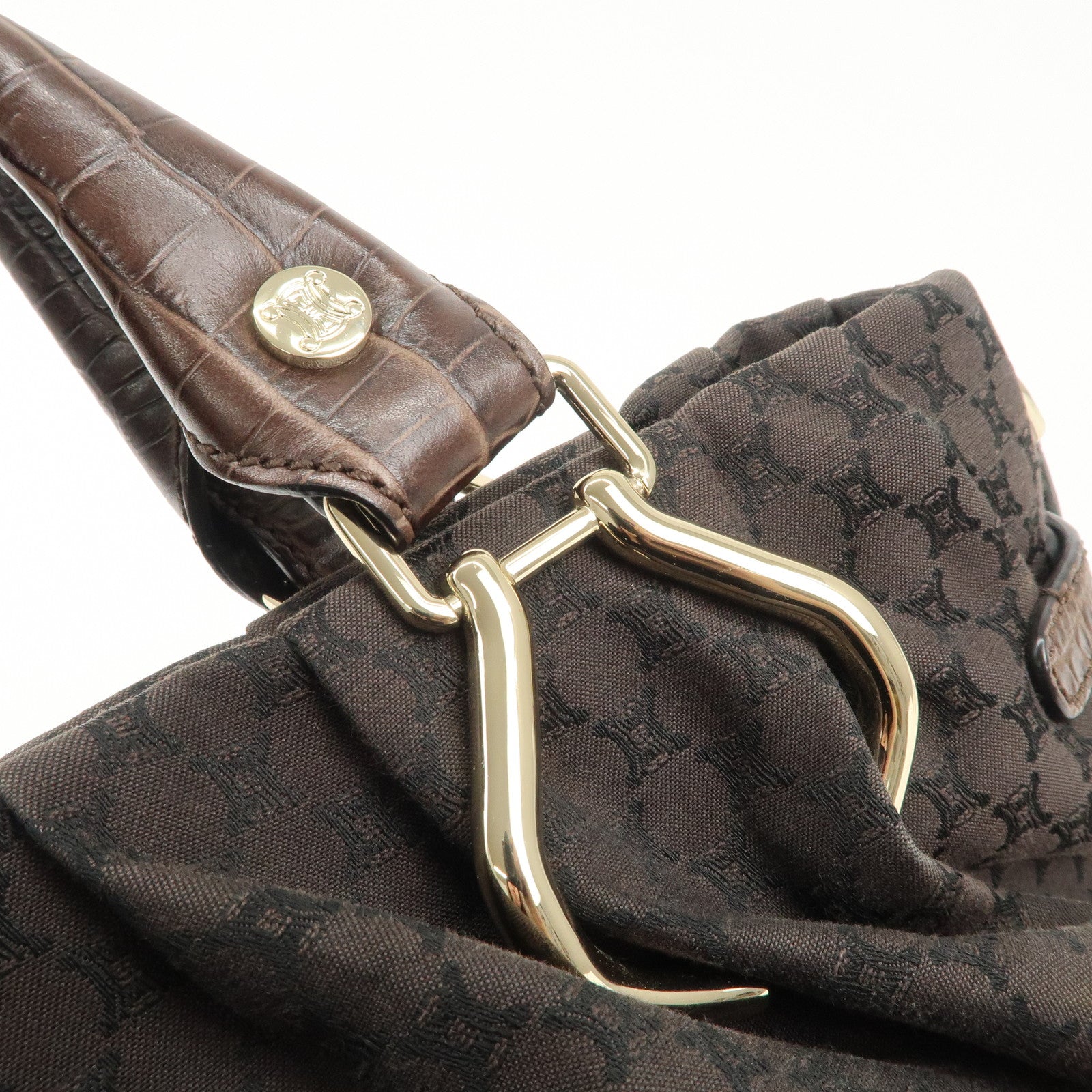 CELINE Macadam Canvas Leather 2Way Bag Gold Charm Dark Brown Used