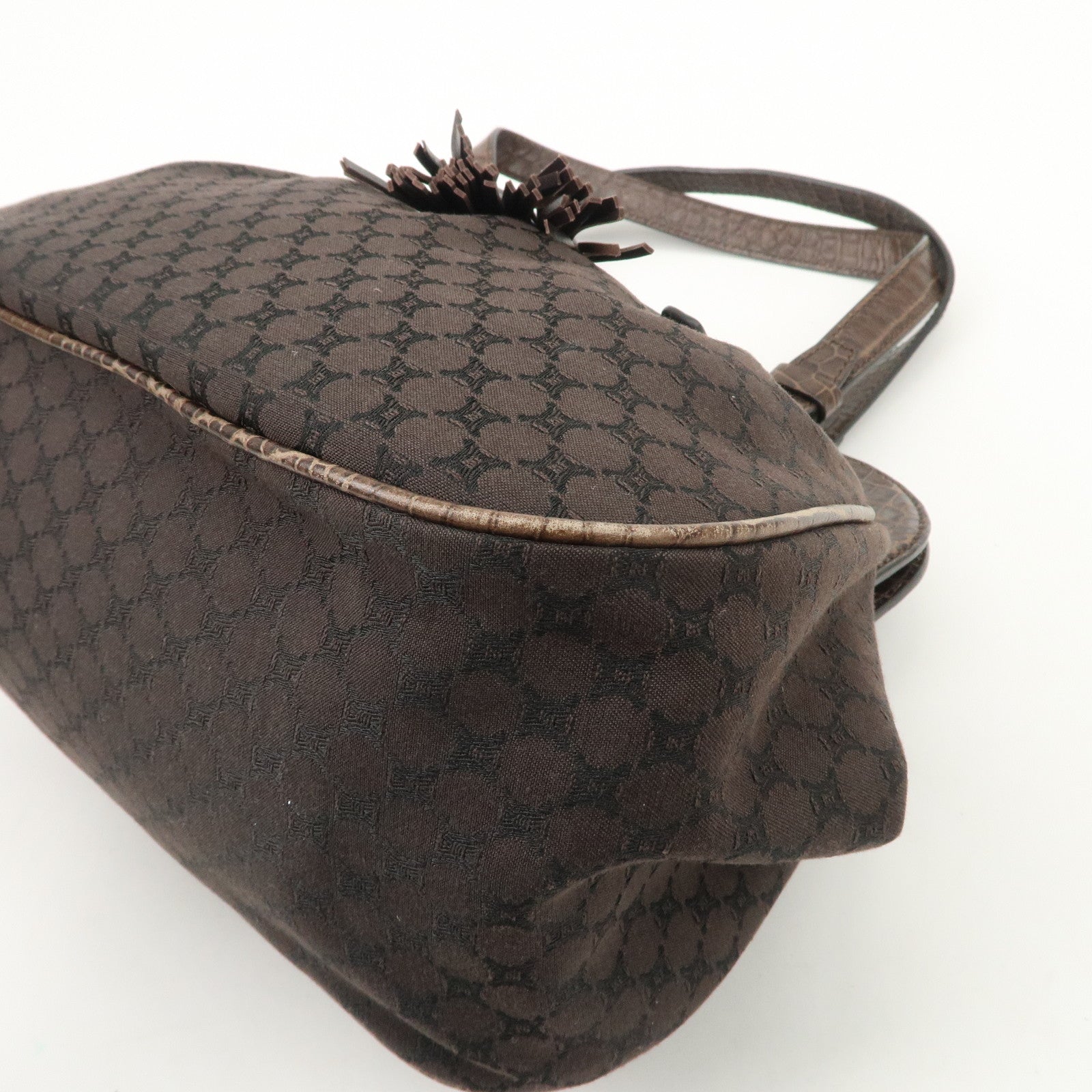 CELINE Macadam Canvas Leather Shoulder Bag Fringe Brown Used