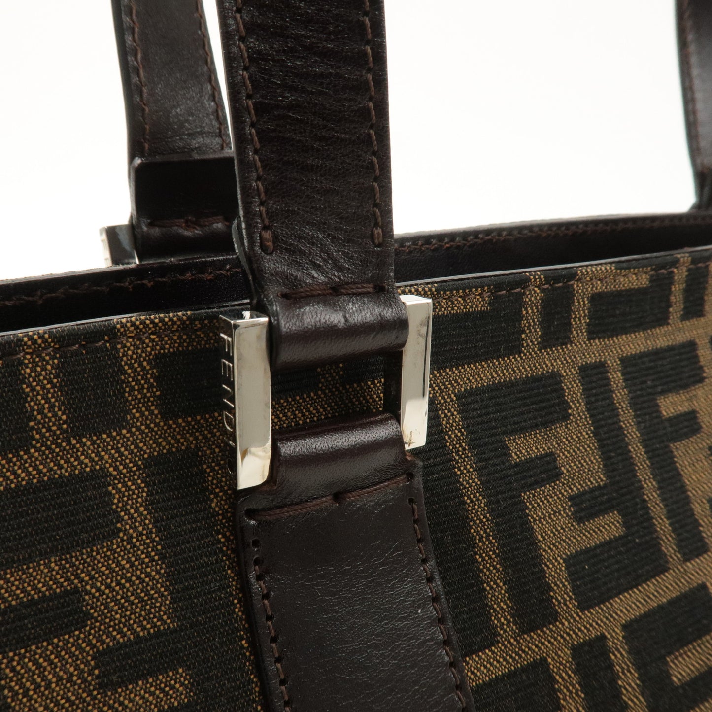 FENDI Zucca Canvas Leather Handbag Brown Black 16309