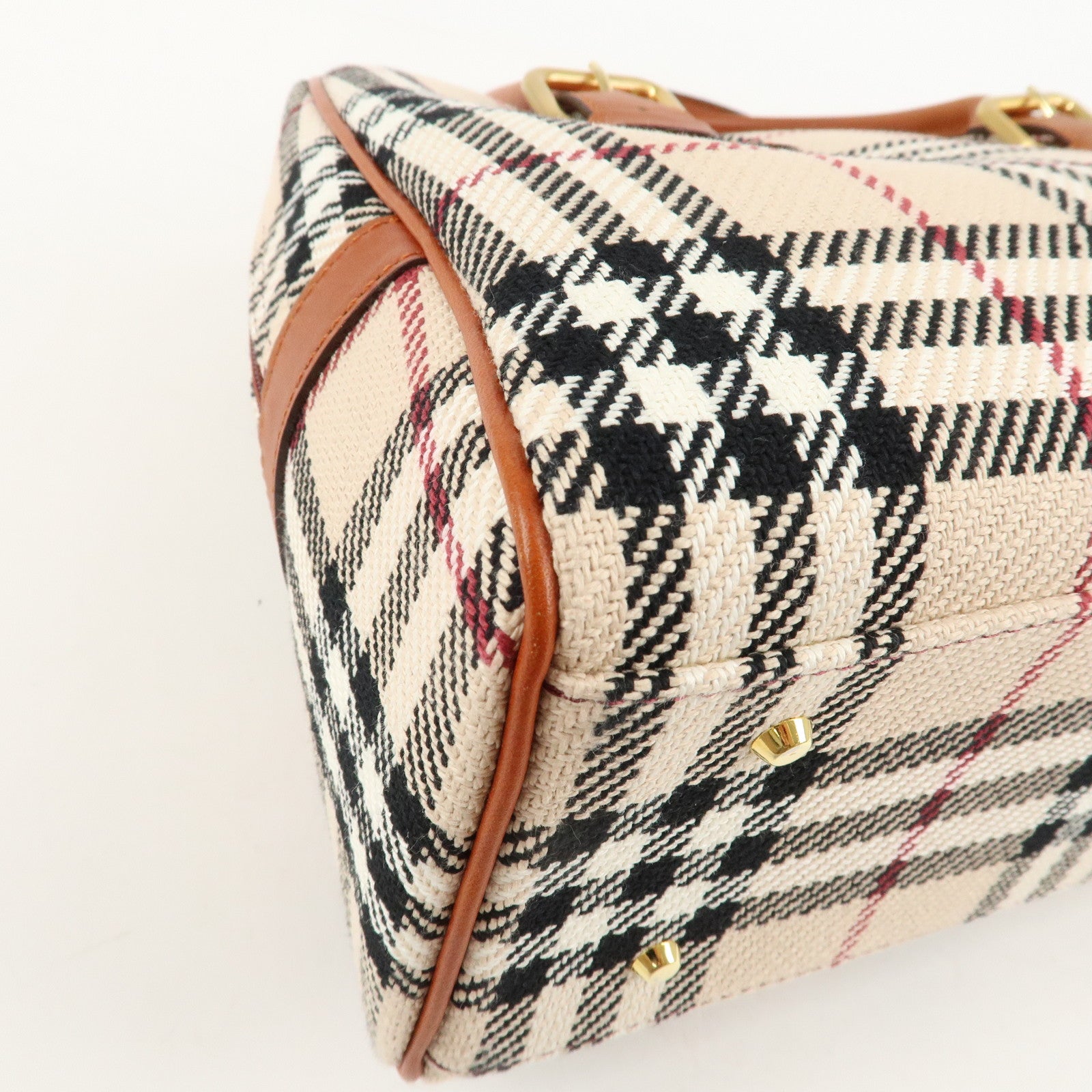 BURBERRY Leather Hand Bag Boston Bag Nova Plaid Brown Used