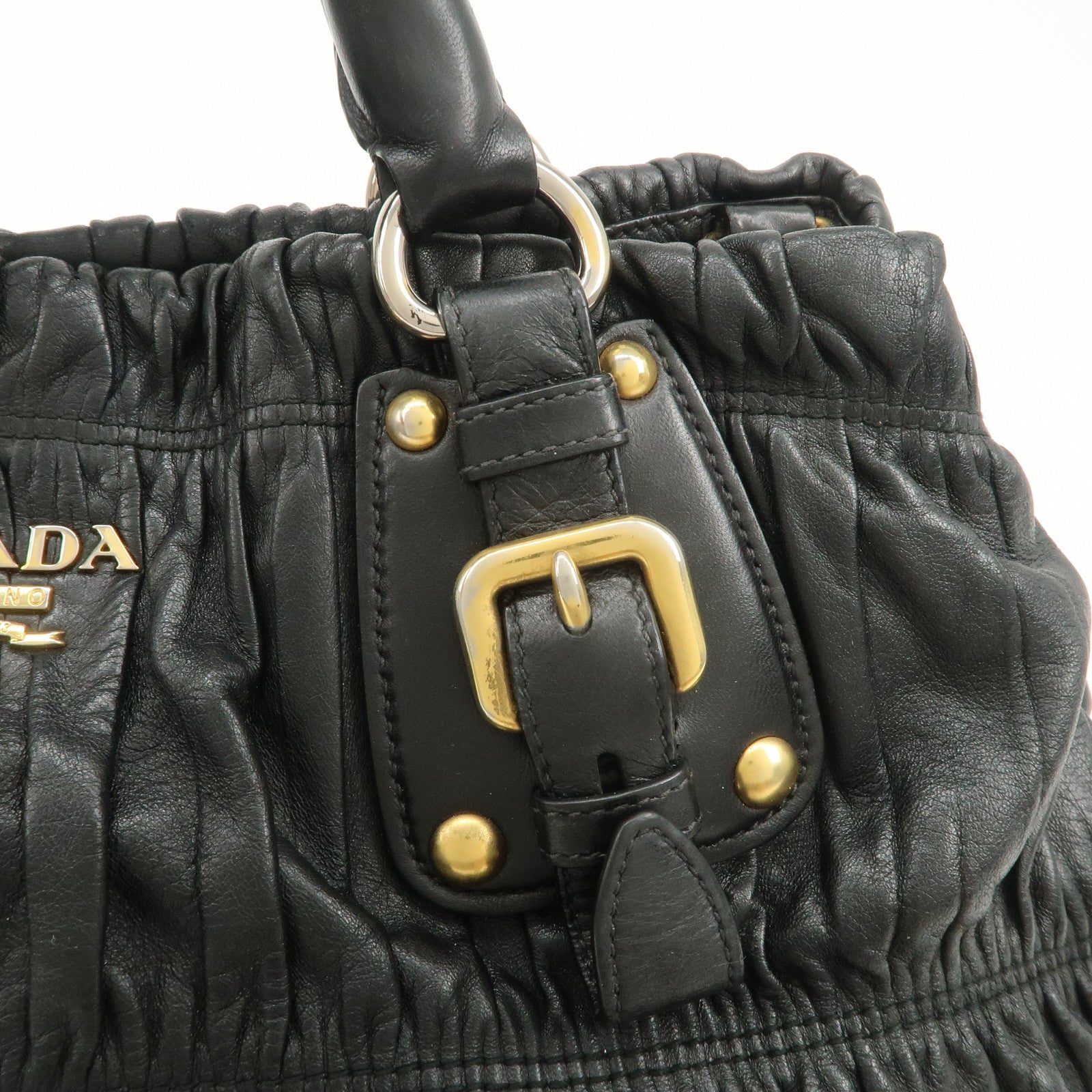 PRADA Leather Gathered 2Way Shoulder Bag Hand Bag Black BN1789