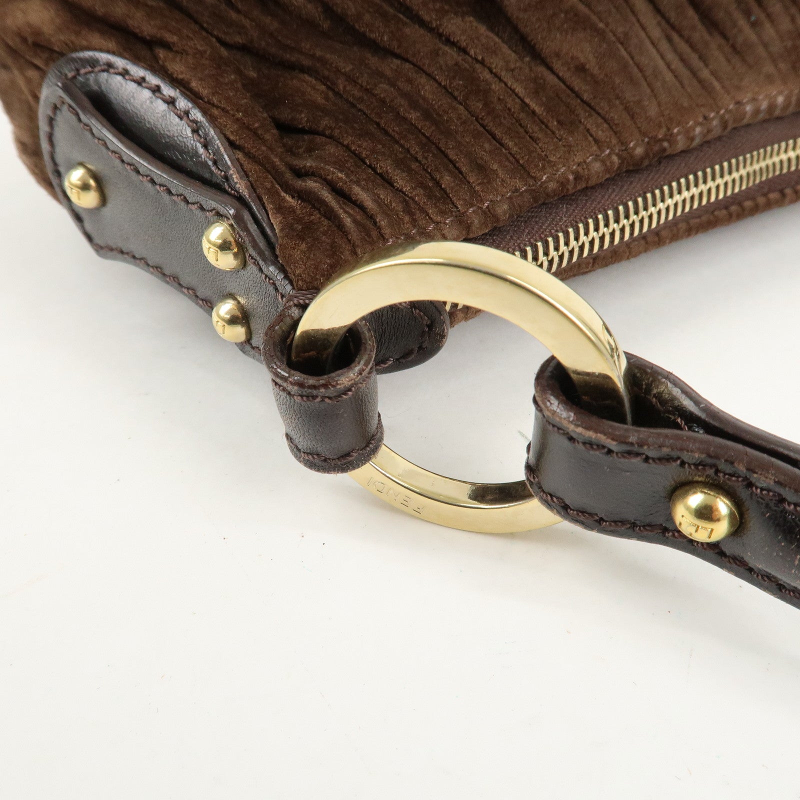 FENDI Suede Leather Gathered Shoulder Bag Dark Brown 8BR454 Used