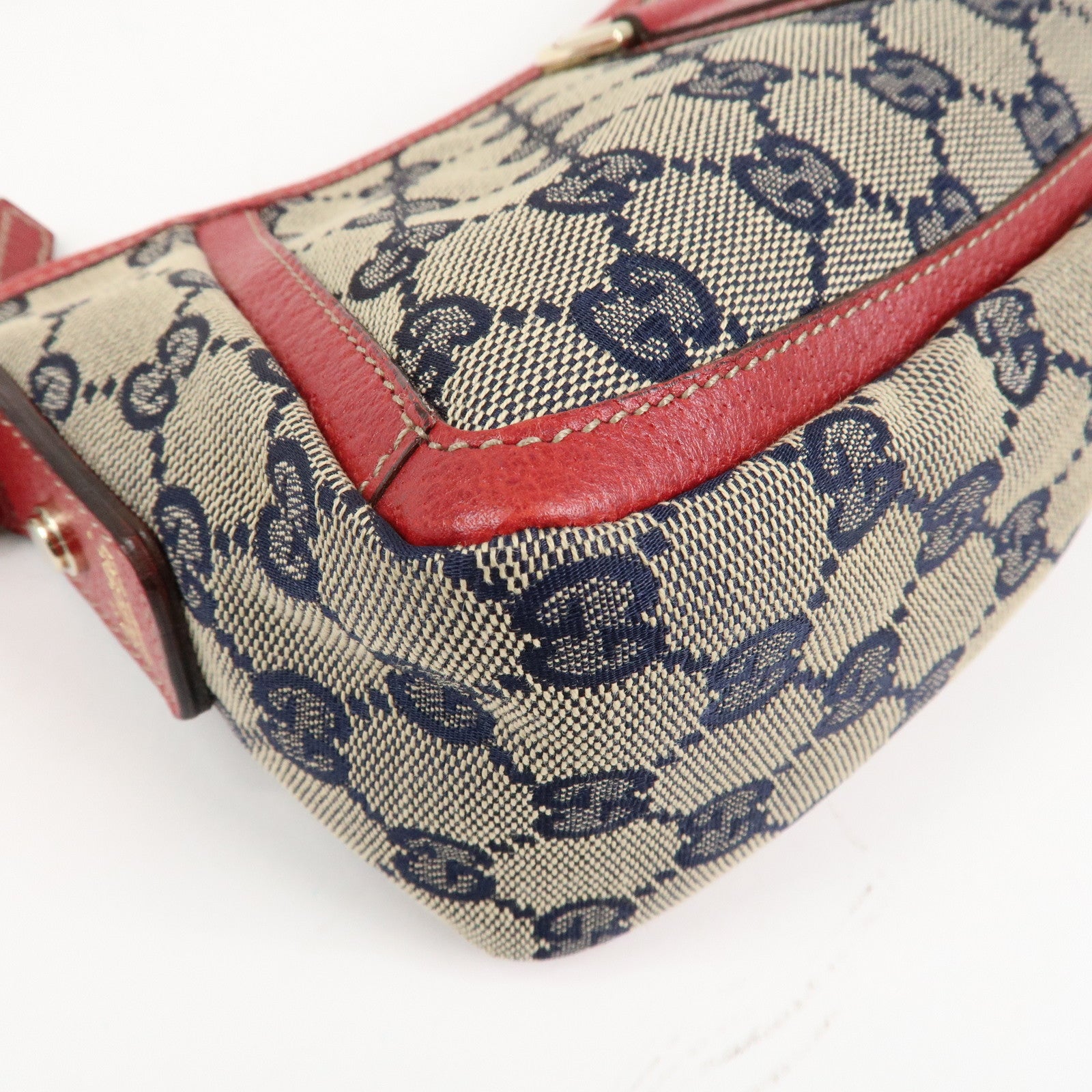 GUCCI Abbey GG Canvas Leather Shoulder Bag Beige Navy Red 130939 Used