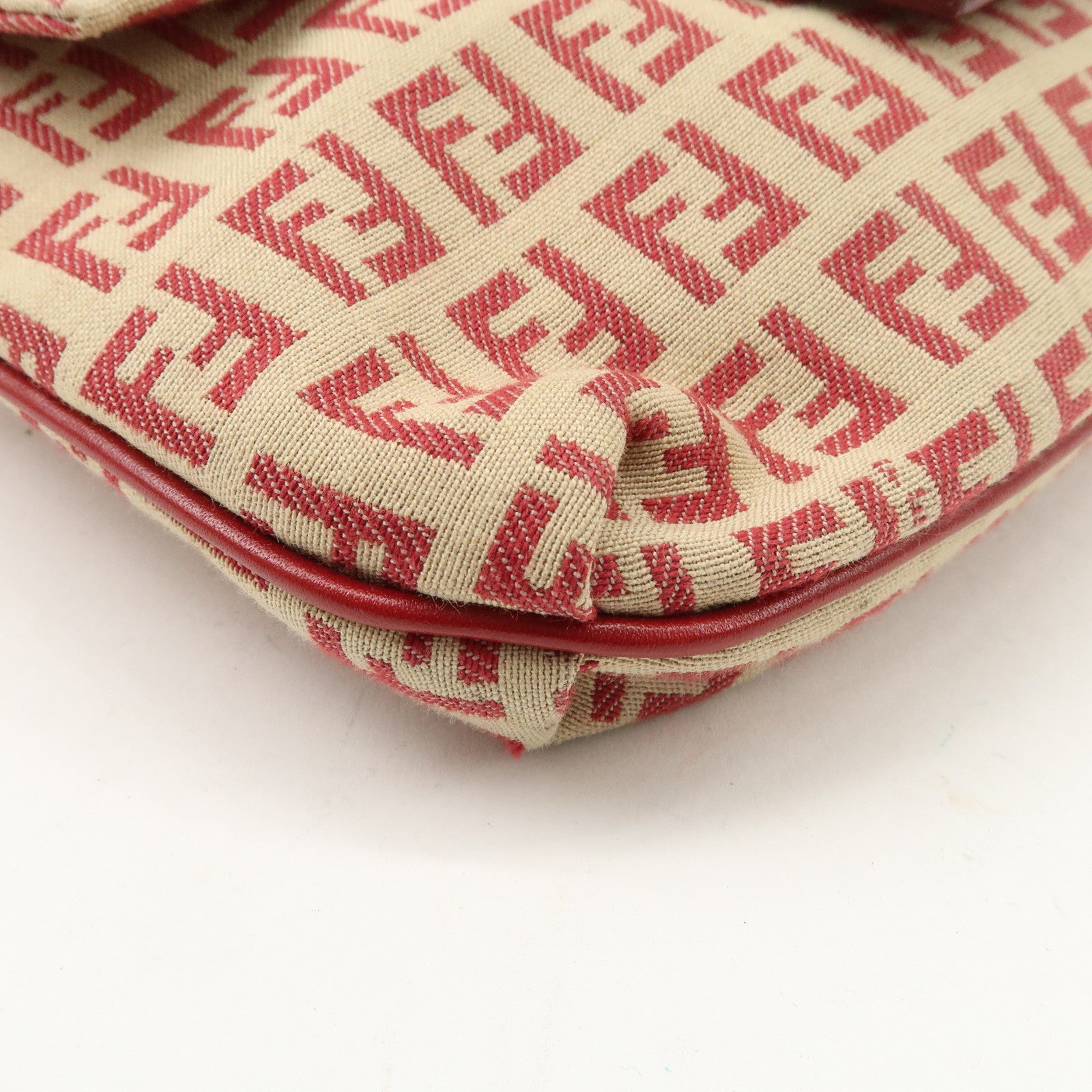 FENDI Zucchino Canvas Leather Shoulder Bag Beige Red 8BT075 Used