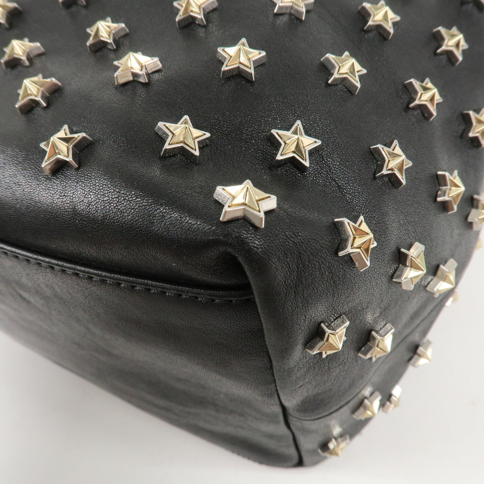 JIMMY CHOO Leather Tote Bag Hand Bag Star Studs Black Gold HDW