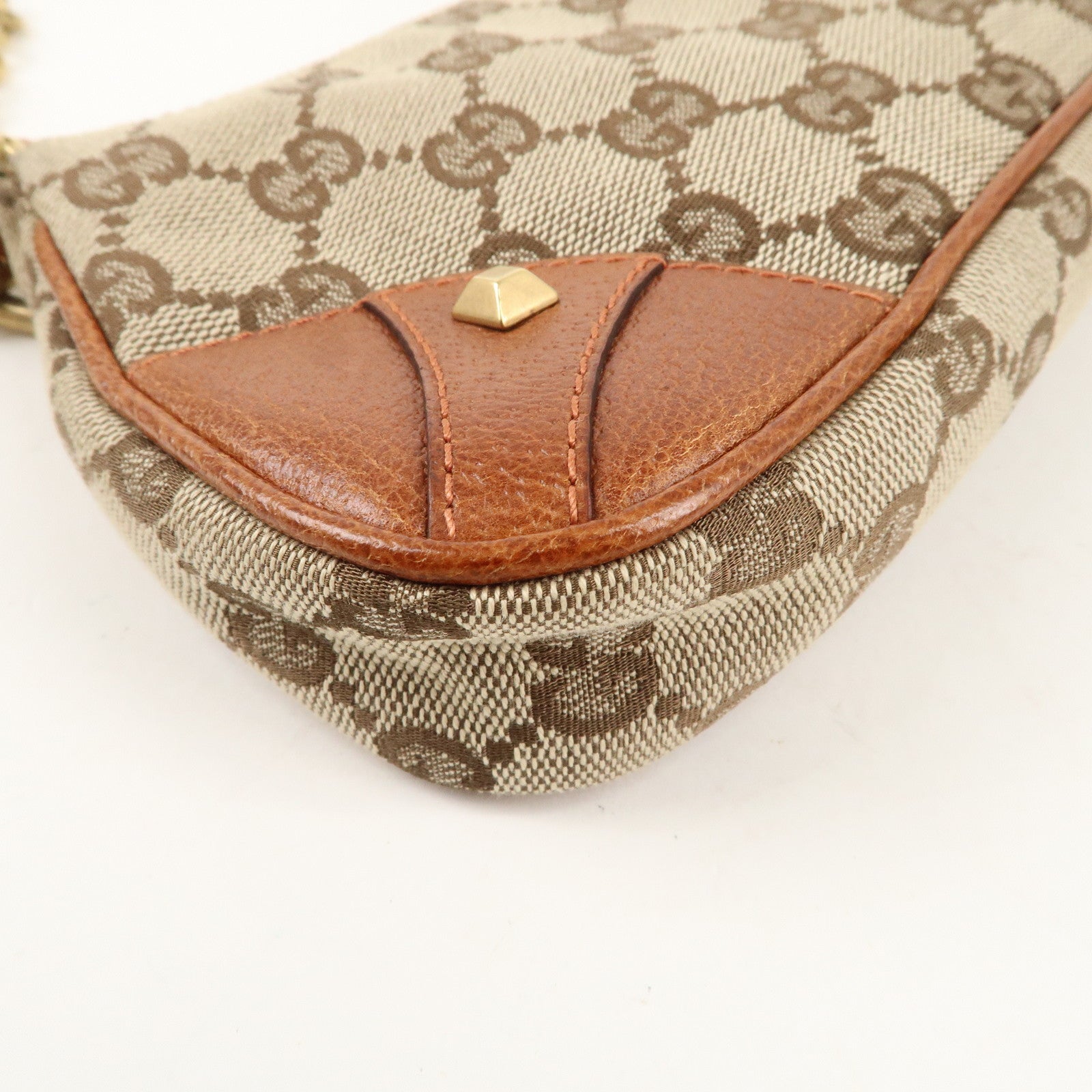 GUCCI GG Canvas Leather Chain Hand Bag Pouch Beige Brown 120940