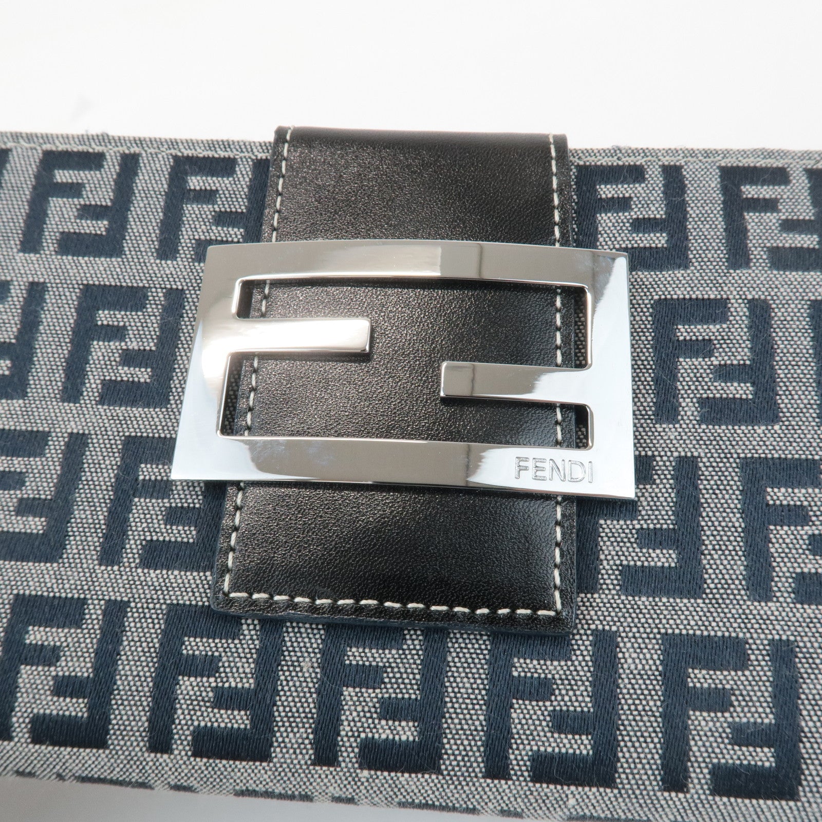 FENDI Zucchino Canvas Leather W Hook Bifold Long Wallet Navy 31133 Used