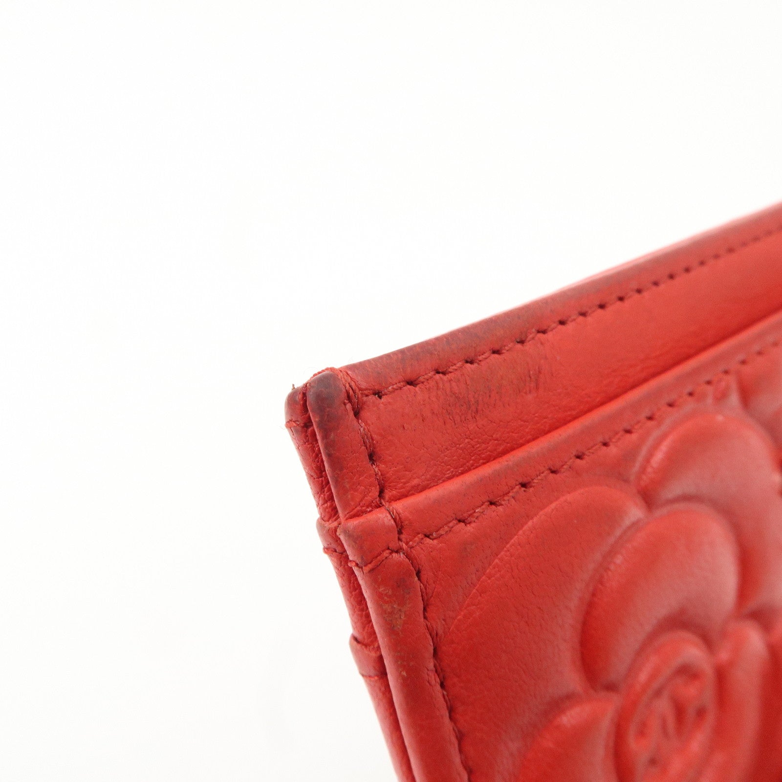 CHANEL Camellia Lambskin Embossed Card Case Red A3173855