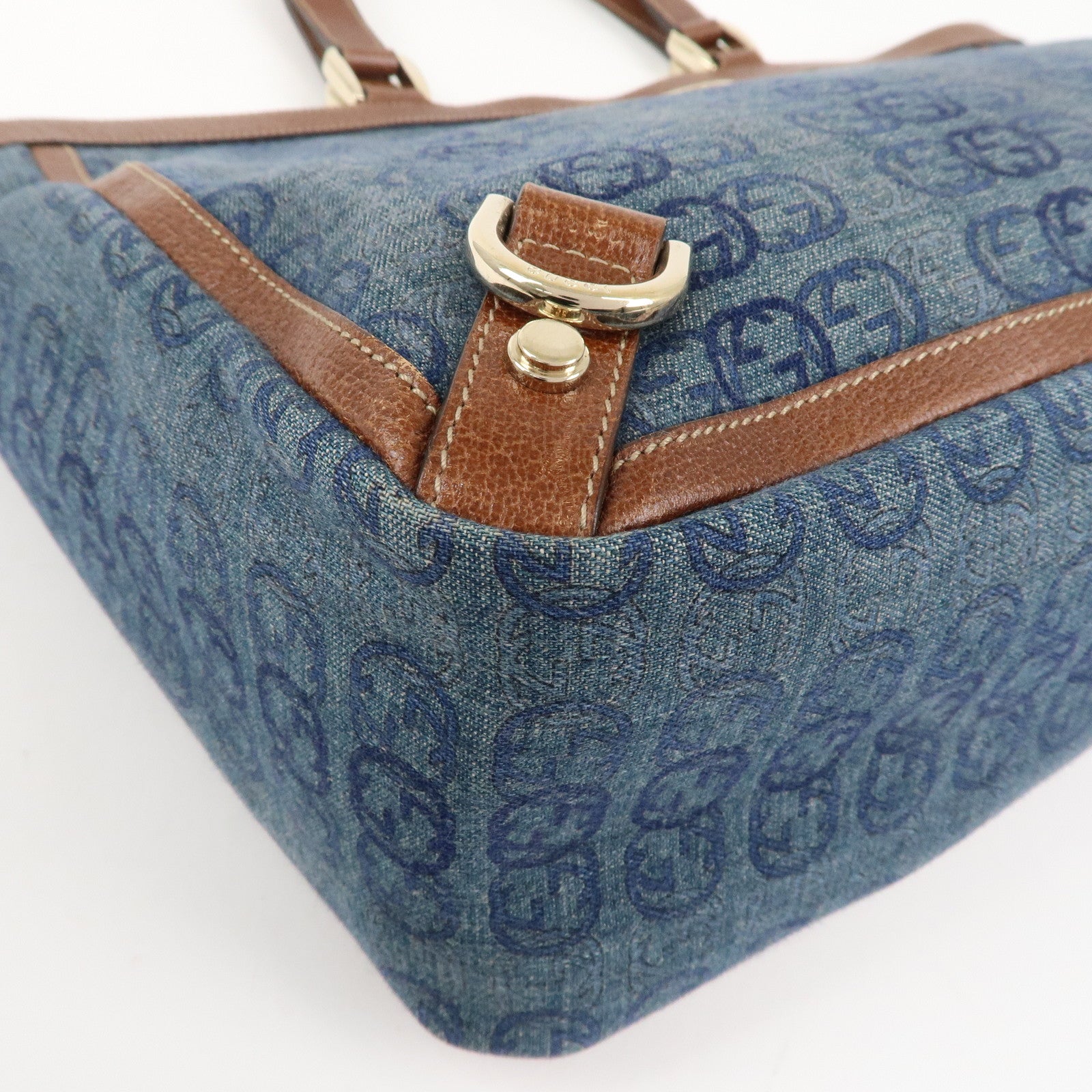 GUCCI Abbey GG Denim Leather Tote Bag Hand Bag Blue Brown 141472