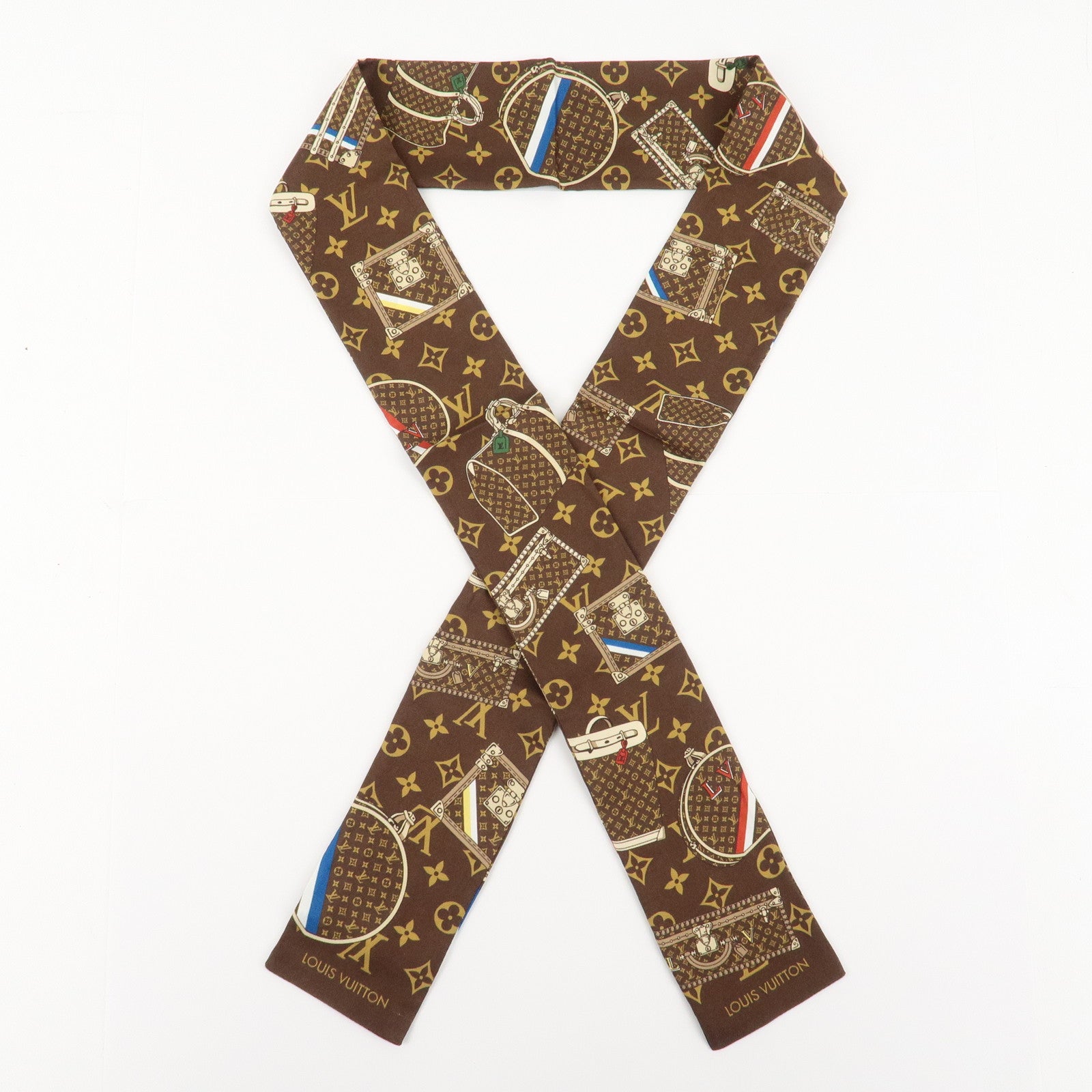 Louis Vuitton 100% Silk Bandeau Monogram Trunks Scarf Brown M72395 Used