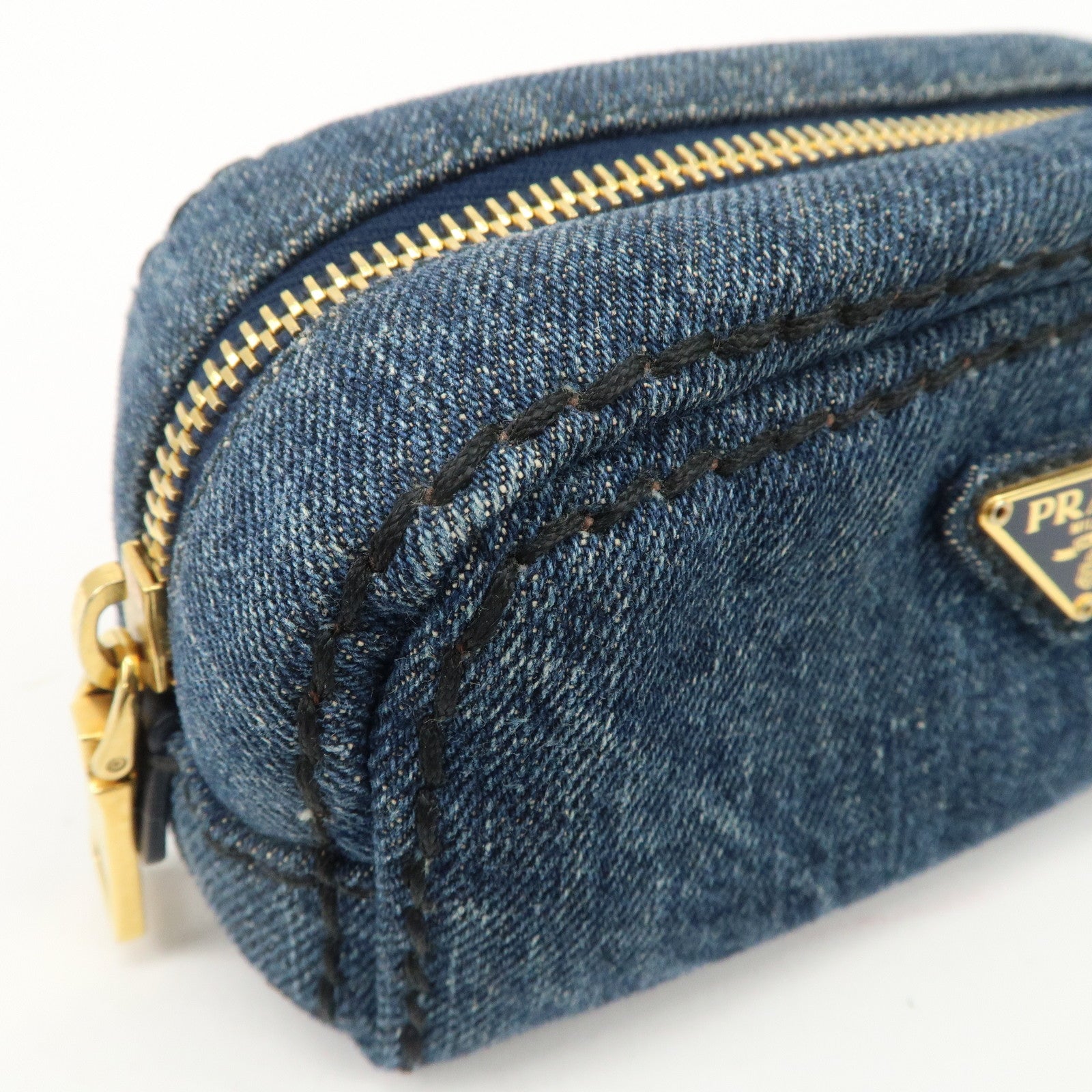 PRADA Triangle Logo Denim Pouch Cosmetic Pouch Blue Gold HDW