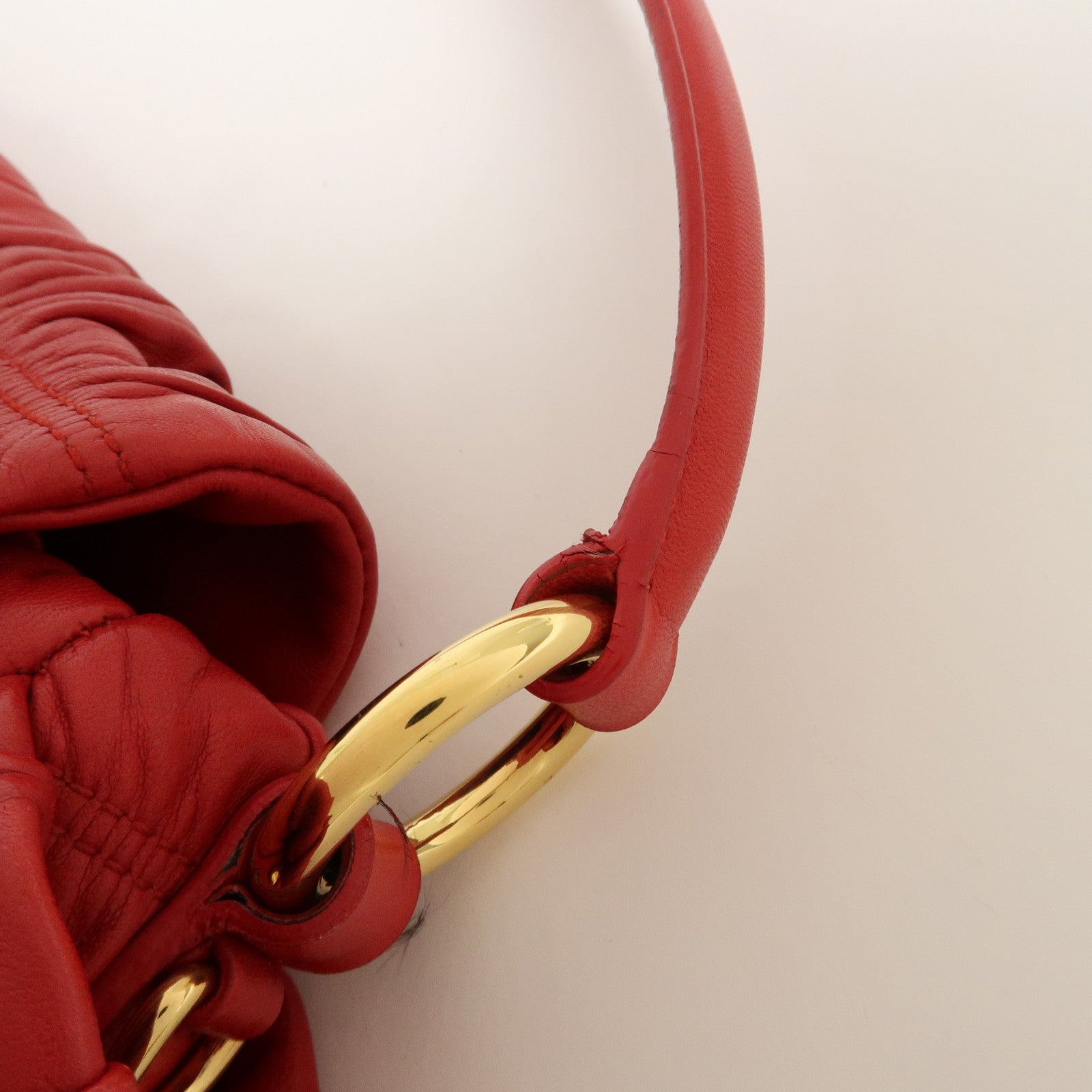 PRADA Logo Gathered Leather Shoulder Bag Hand Bag Red