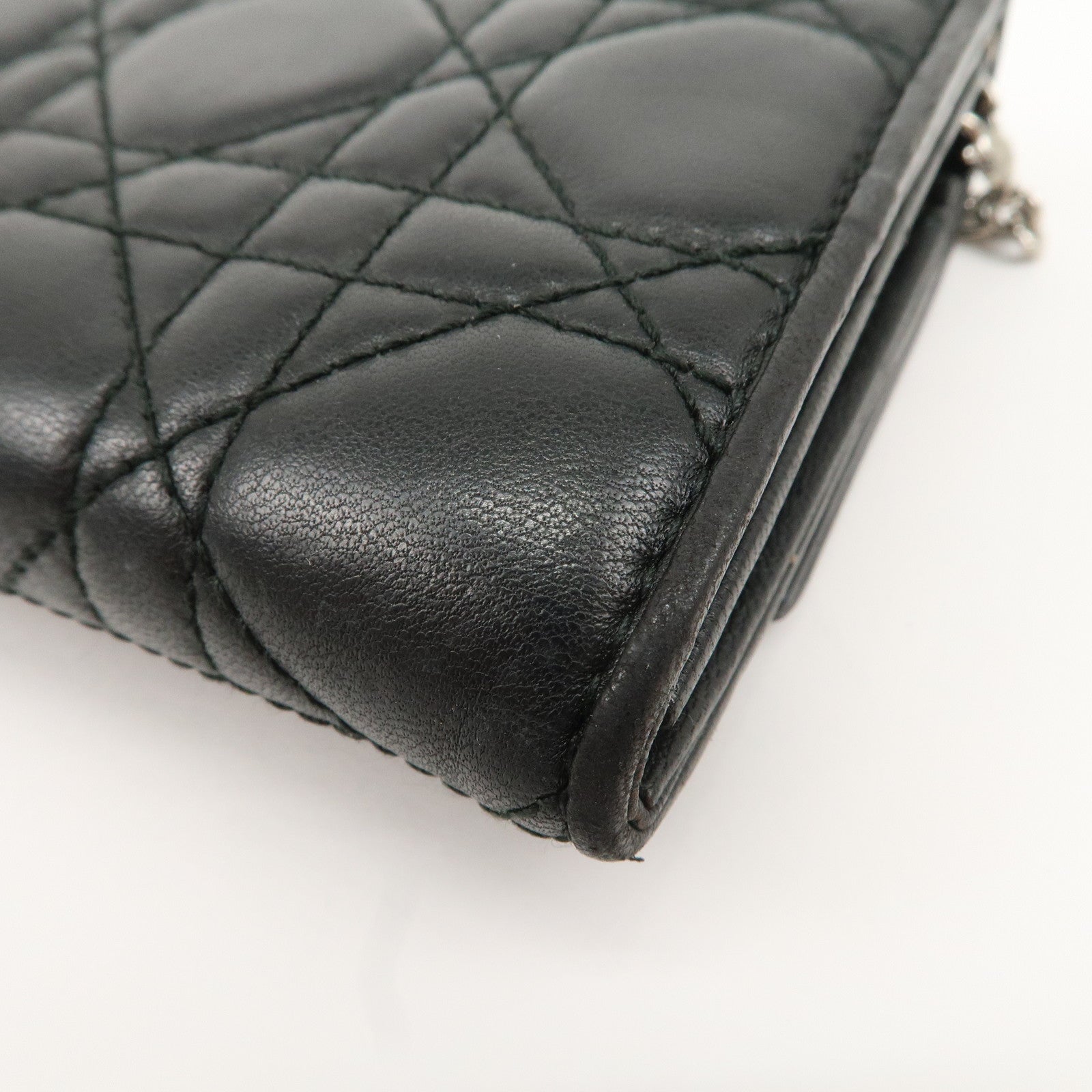 Christian Dior Cannage Leather Chain Long Wallet WOC Black