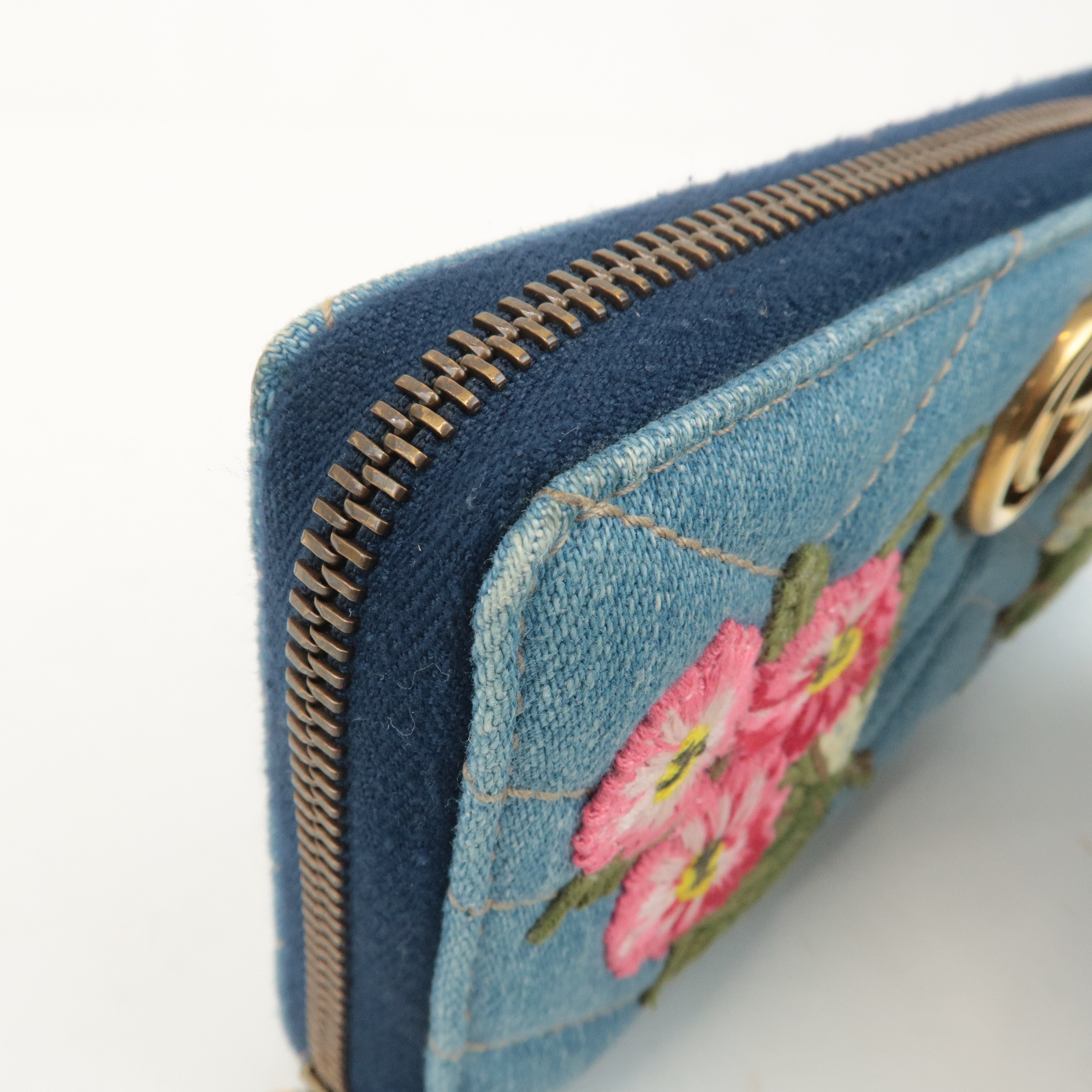 GUCCI GG Marmont Denim Zip Around Wallet Floral Pattern 443123